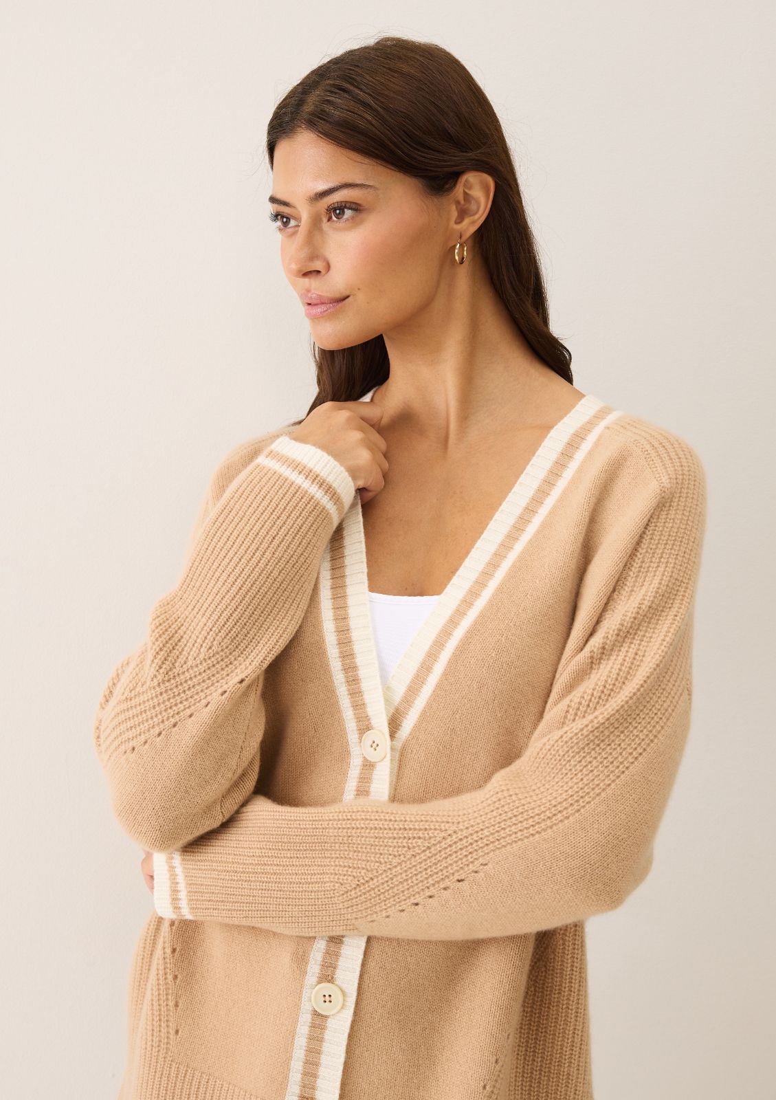 Striped Tipped V Neck Lofty Cardigan In Honey