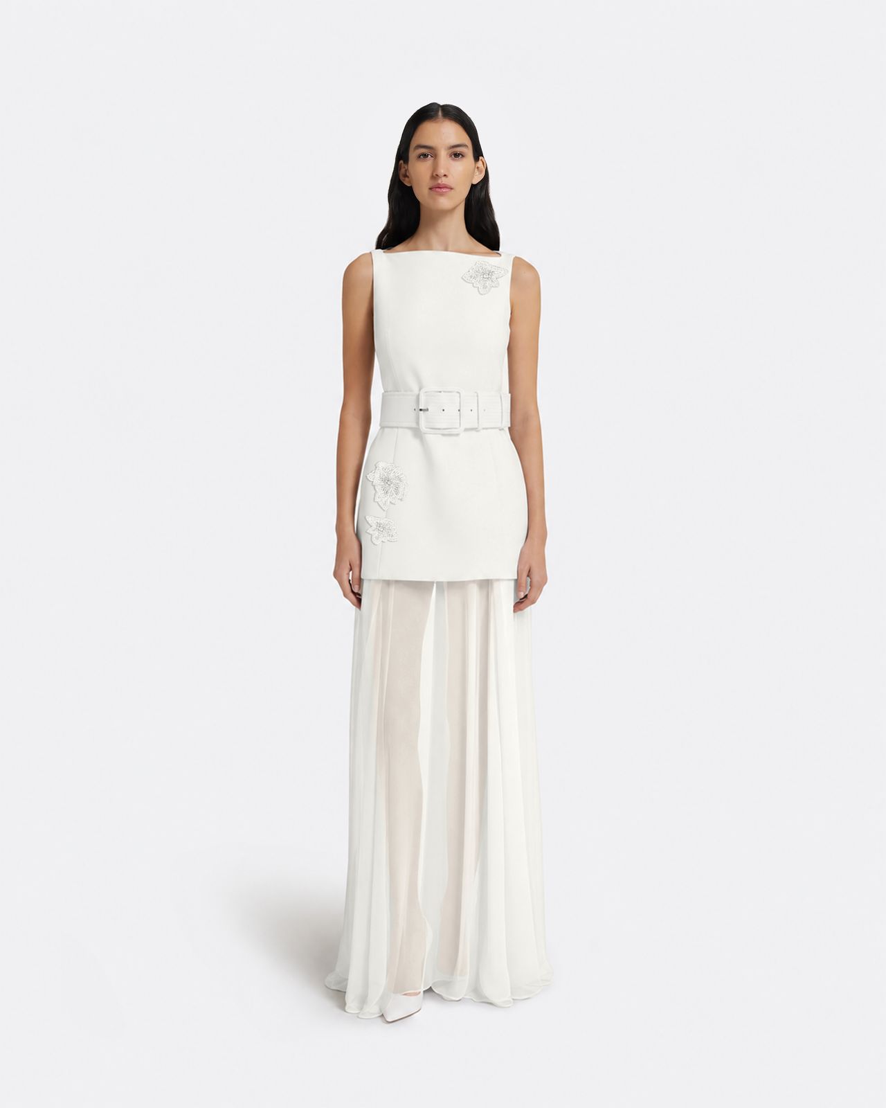 Minna Dress Long & Waltonz Belt in Ivory on Ivory with Pearl