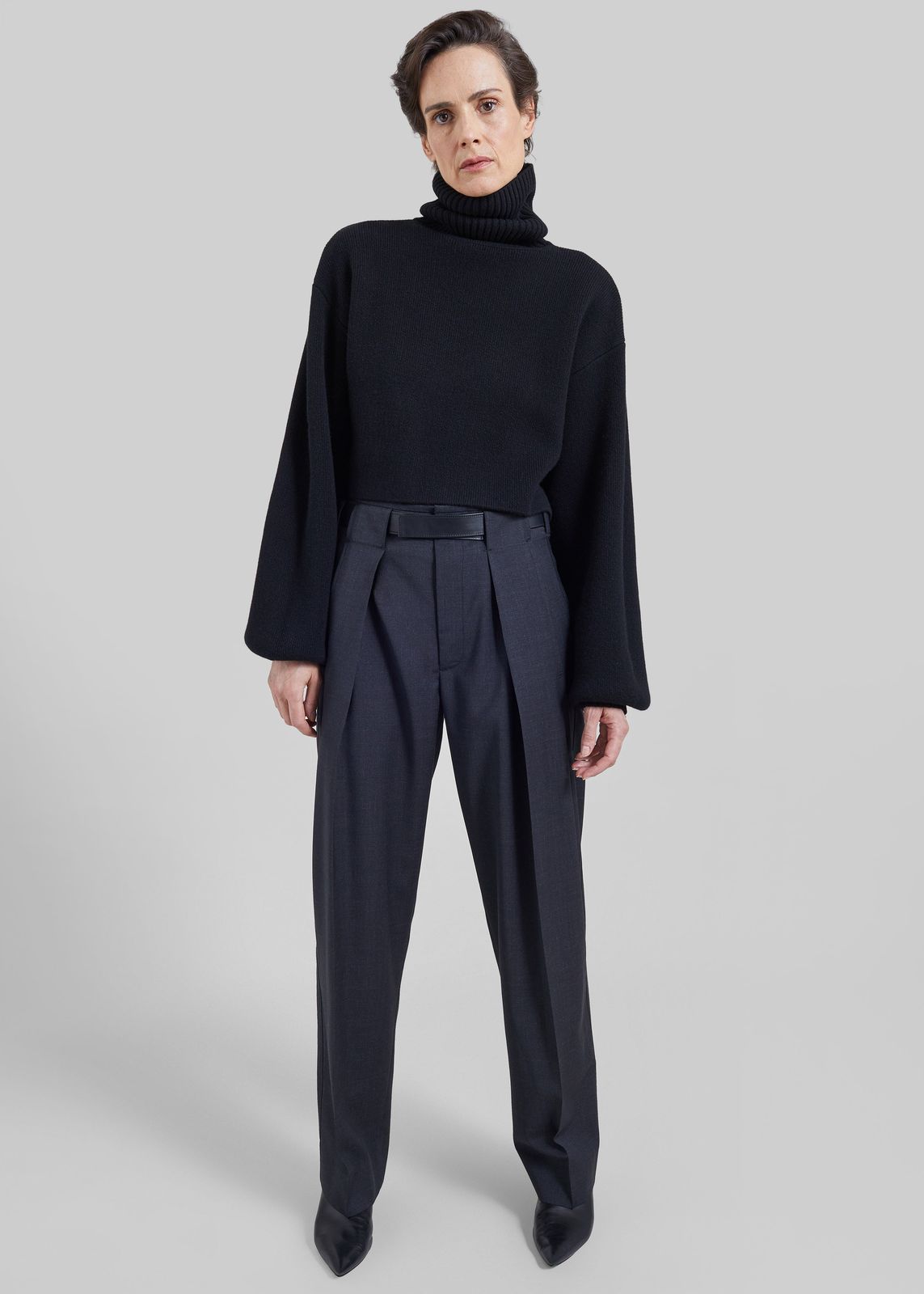 Darkpark Ronda Leather Belt Wool Trousers - Dark Grey
