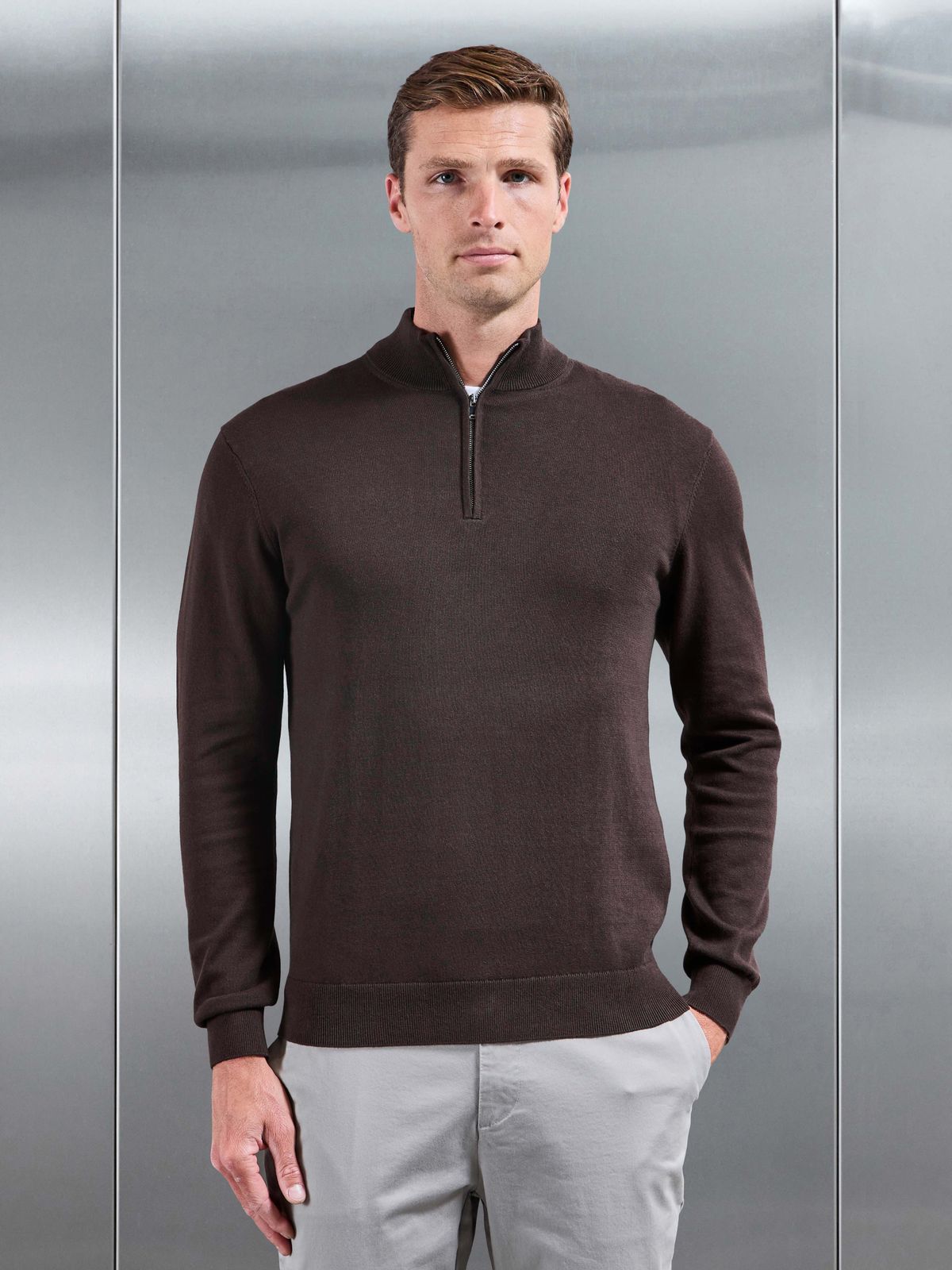 Cotton Knitted Half Zip Jumper in Brown