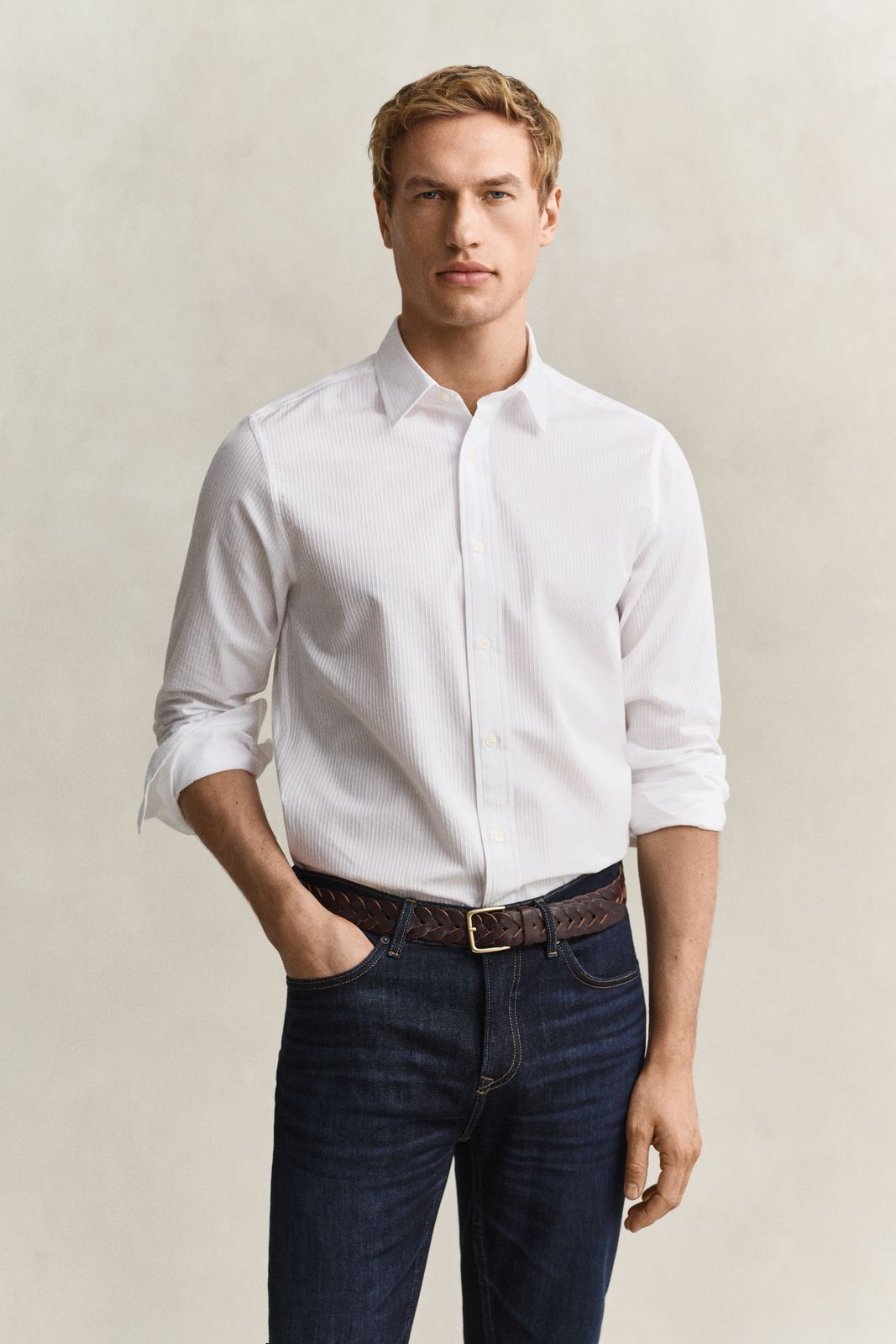 Regular Fit Dobby Striped Shirt - WHITE