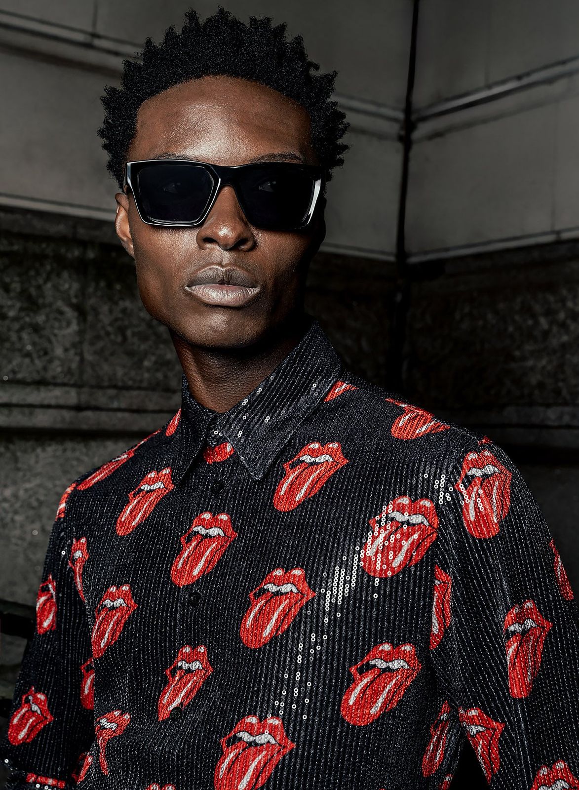 Phix X Rolling Stones Black Sequin Embellished Tongue Velvet Shirt