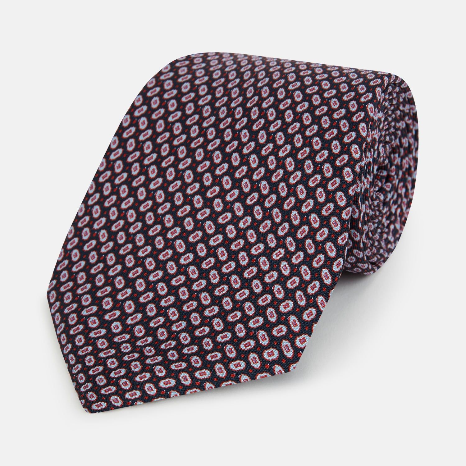 Red And Navy Oval-patterned Silk Tie
