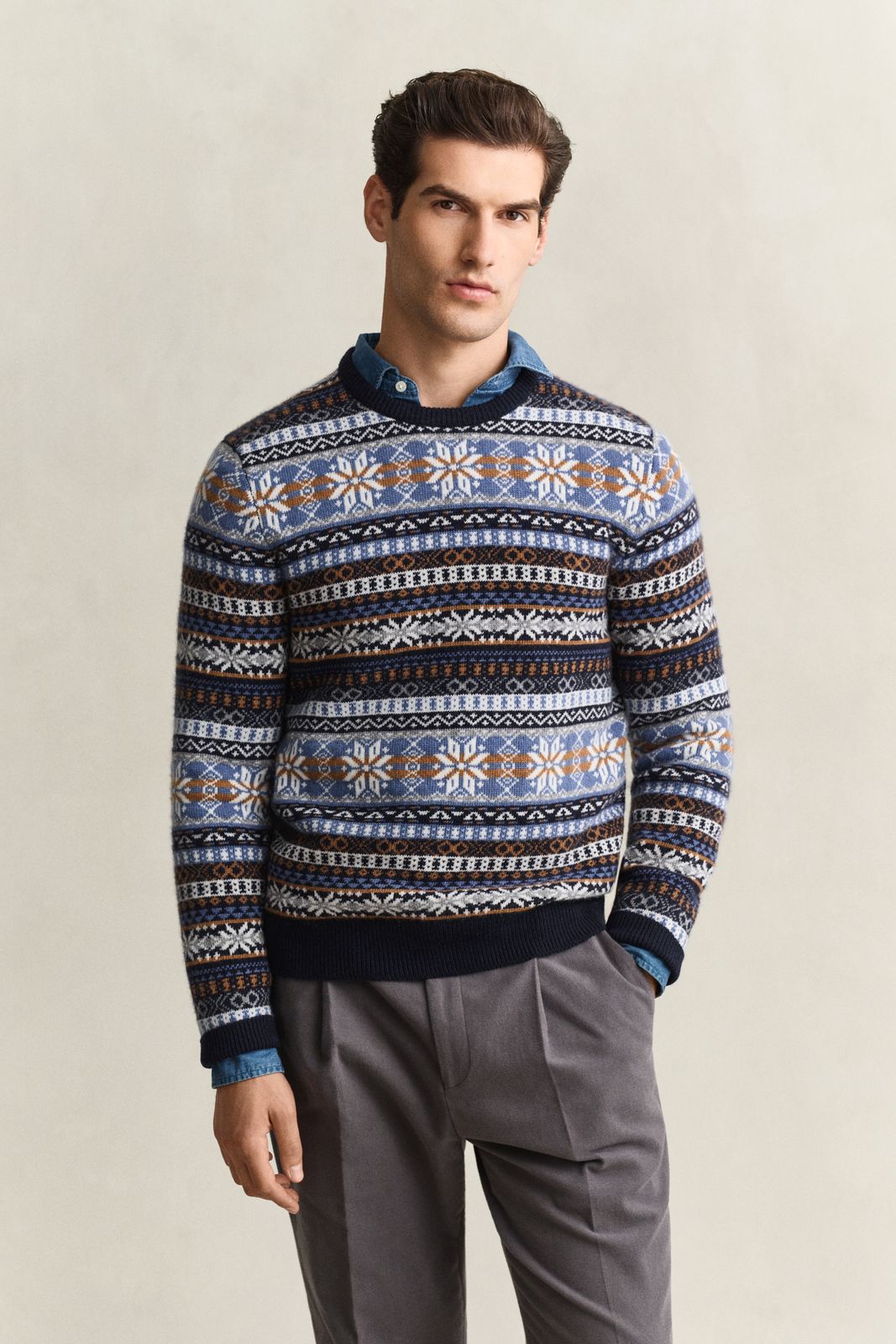 Fair Isle Crew Neck Sweater - EVENING BLUE