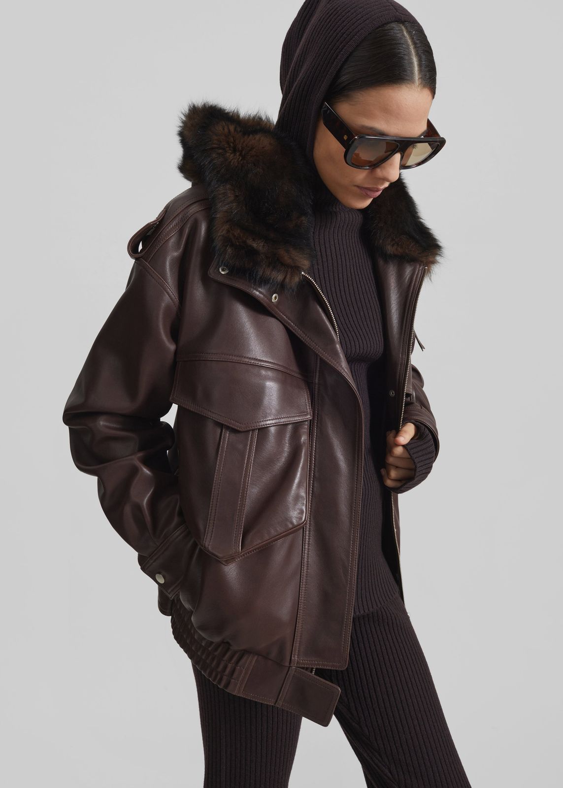 Napa Leather Hooded Jacket - Brown