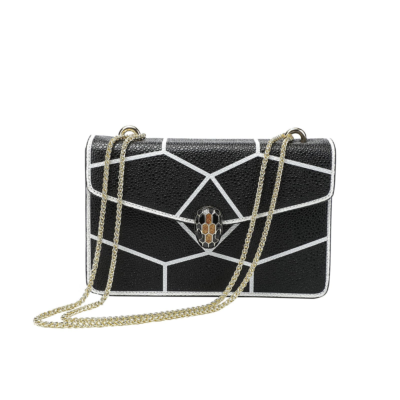 Black Printed & Textured Leather Chain Bag