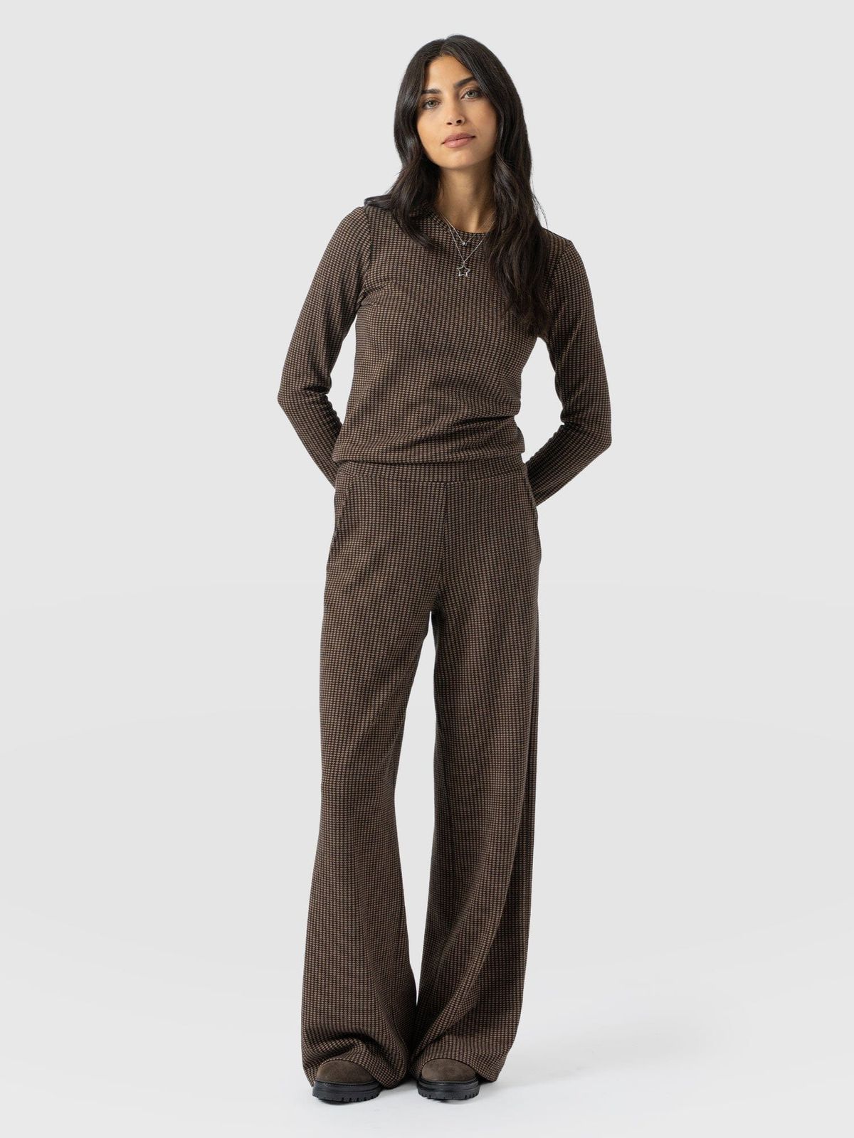 Keller Wide Leg Pant - Brown Mini Houndstooth