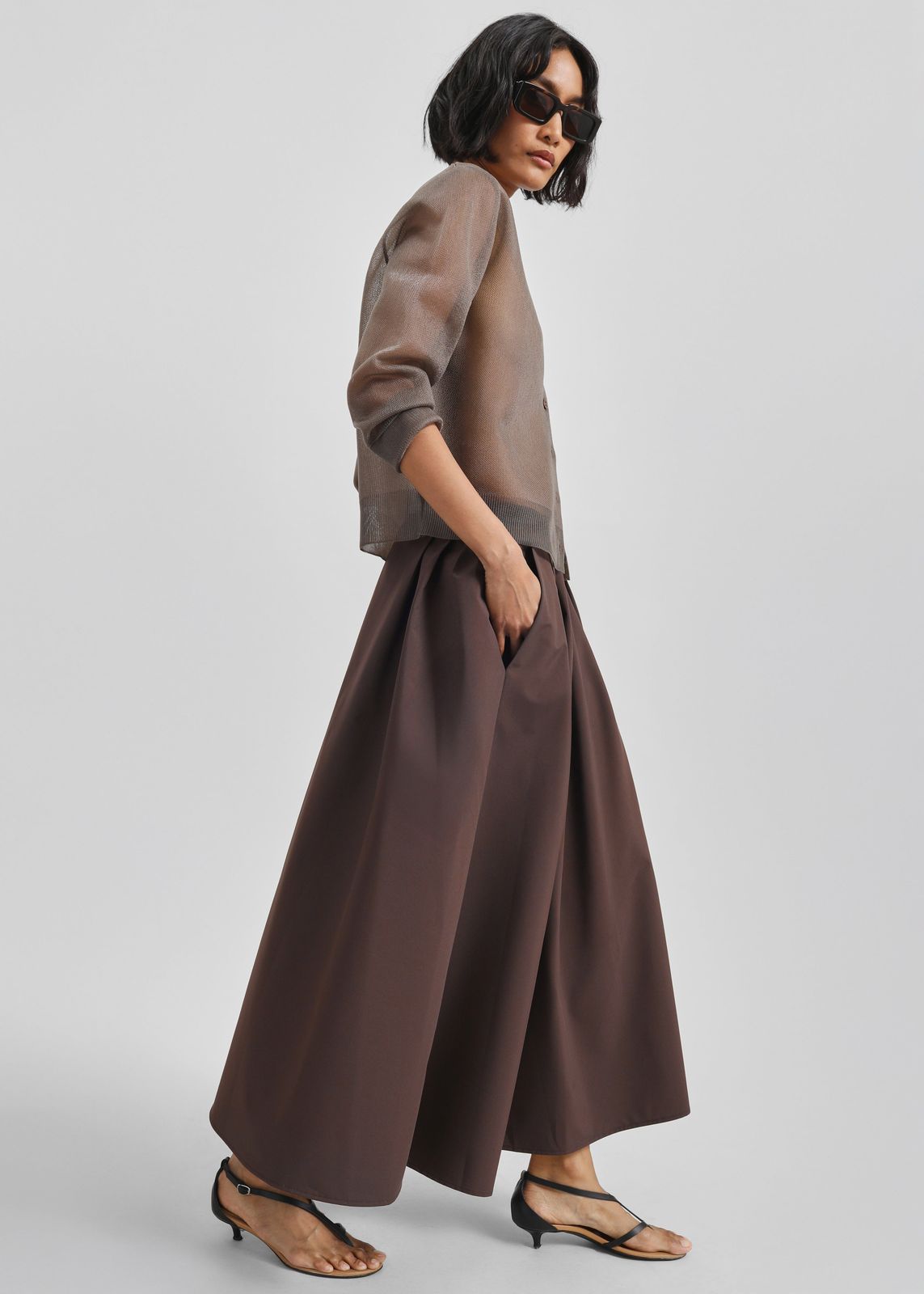 Nimes Voluminous A-Line Maxi Skirt - Brown