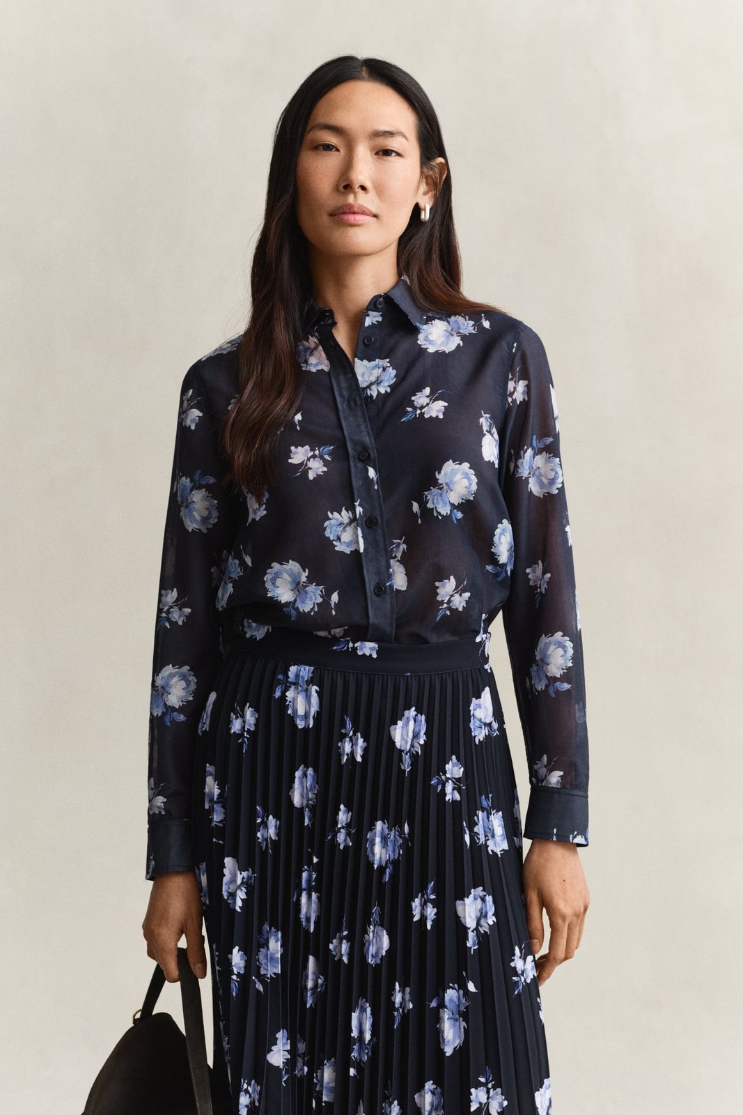 Floral Print Cotton Silk Shirt - EVENING BLUE