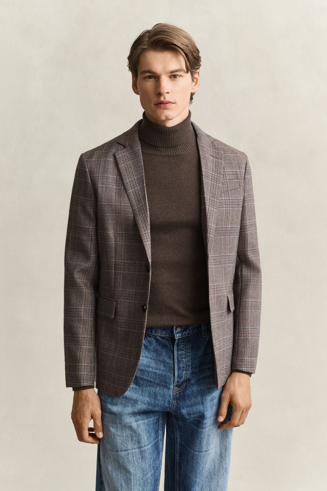 Checked Wool Suit Jacket - LIGHT TAUPE