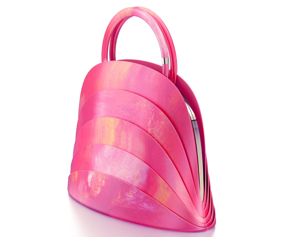 Millefoglie J handbag. Pink fantasy leather and rhodochrosite gemstone. 24k gold-plated jewellery details.