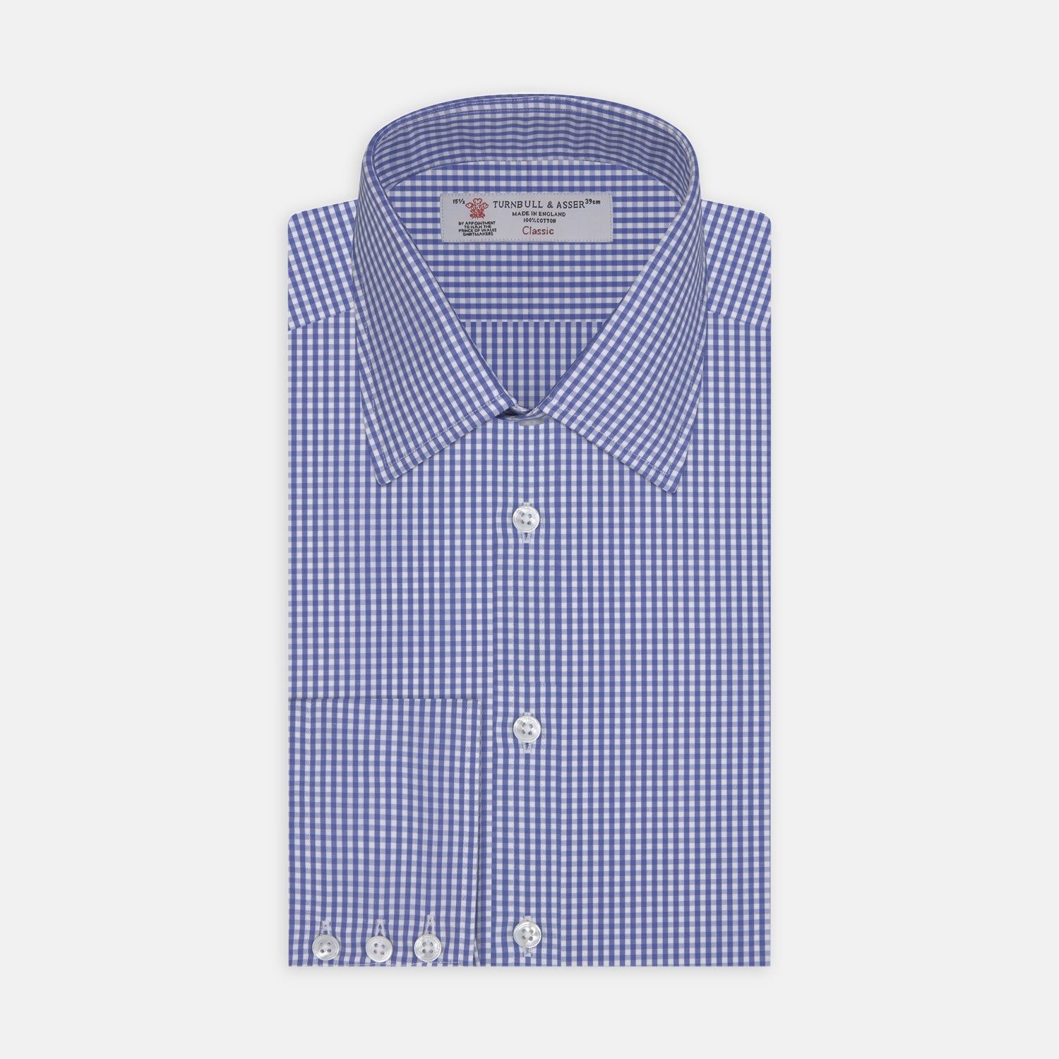 Mid-blue Gingham Check Shirt With T&a Collar And 3-button Cuffs