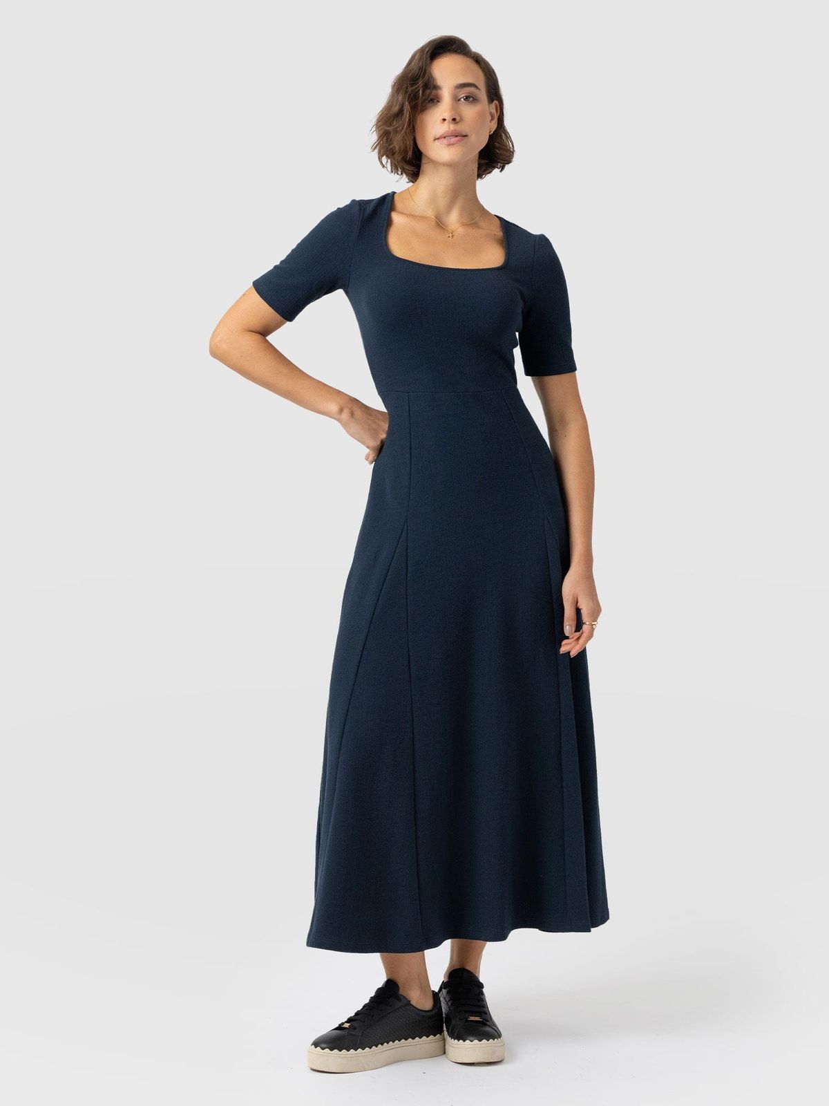Akia Short Sleeve Dress - Navy Textured