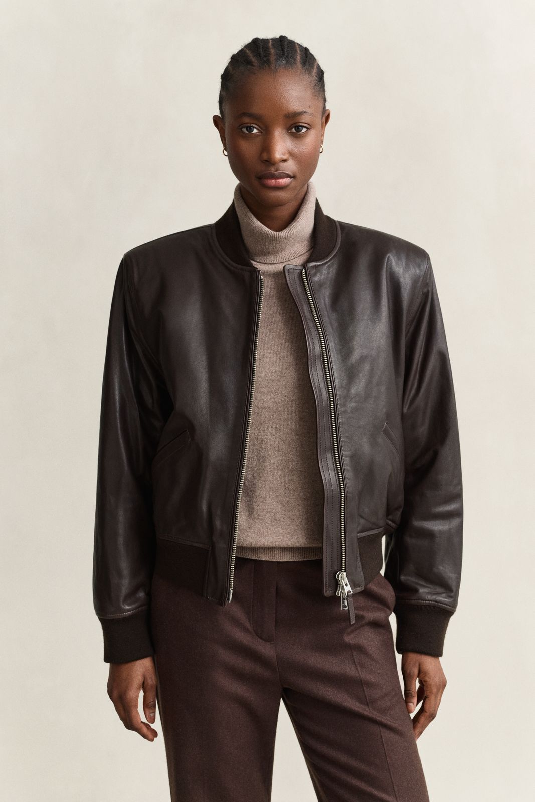 Leather Bomber Jacket - DEEP BROWN