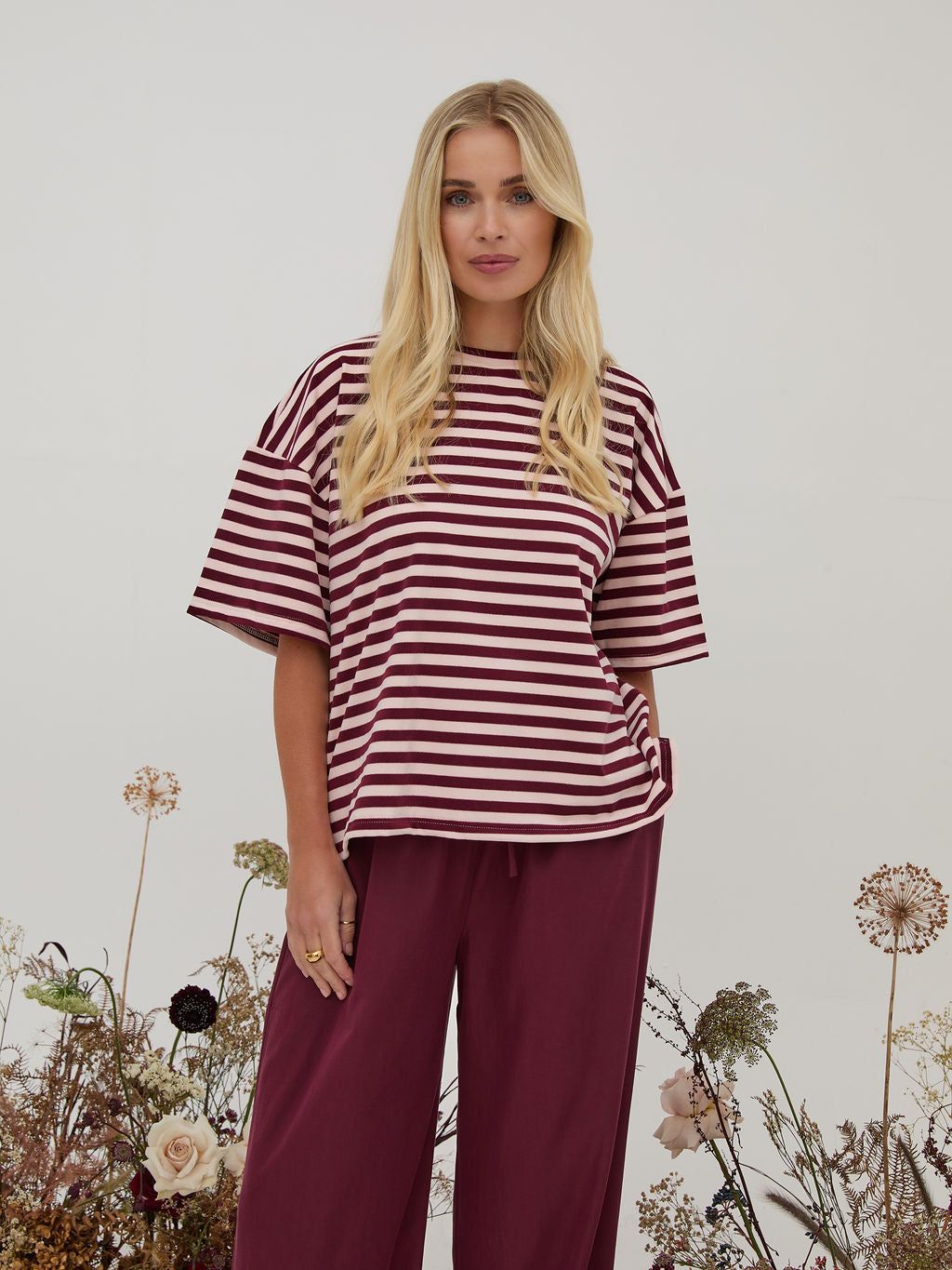 Sara Burgundy & Cream Stripe Super Soft T-shirt