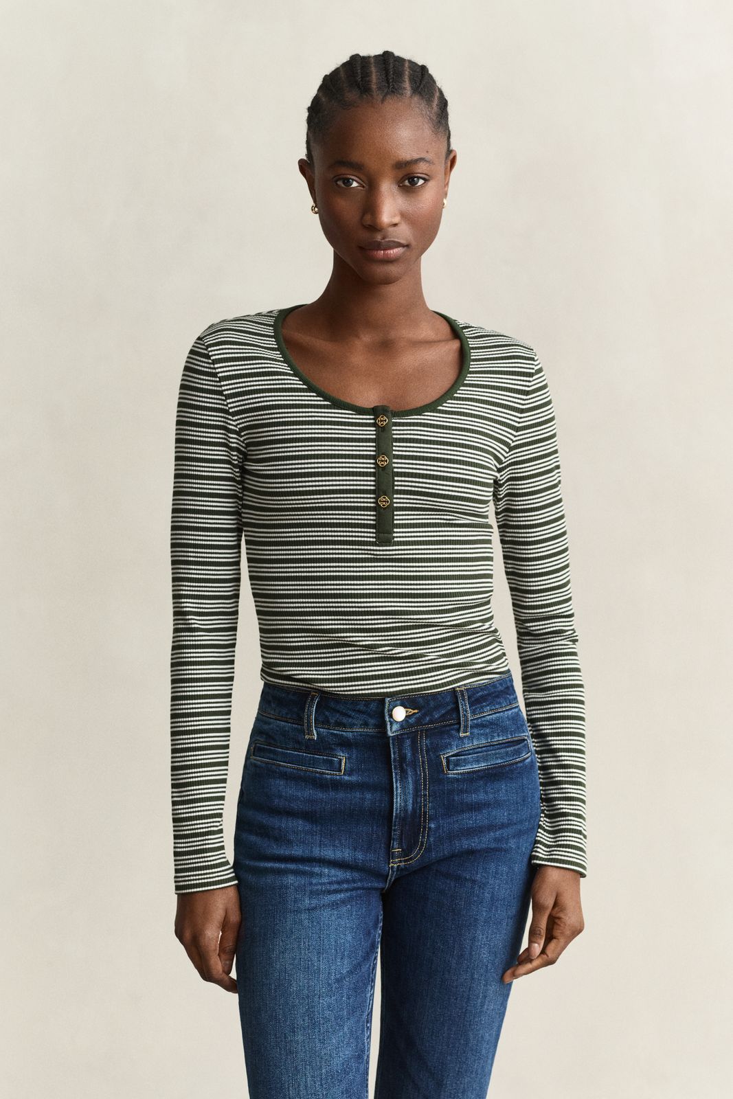 Ribbed Long Sleeve Henley Top - MOSSY GREEN