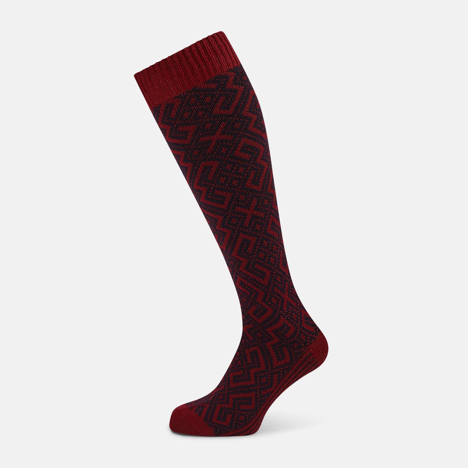 Burgundy And Navy Motif Wool Long Socks
