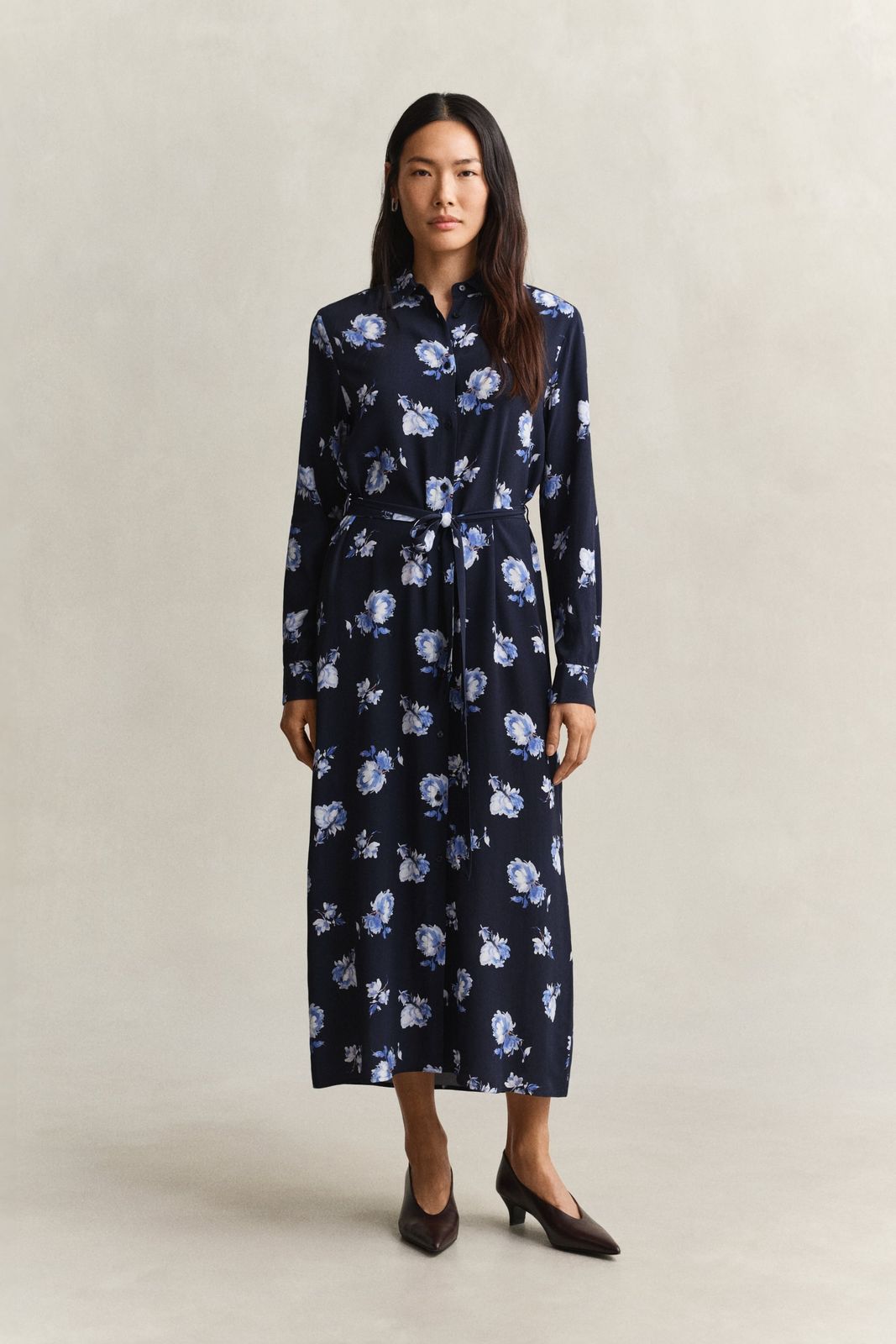 Floral Print Shirt Dress - EVENING BLUE