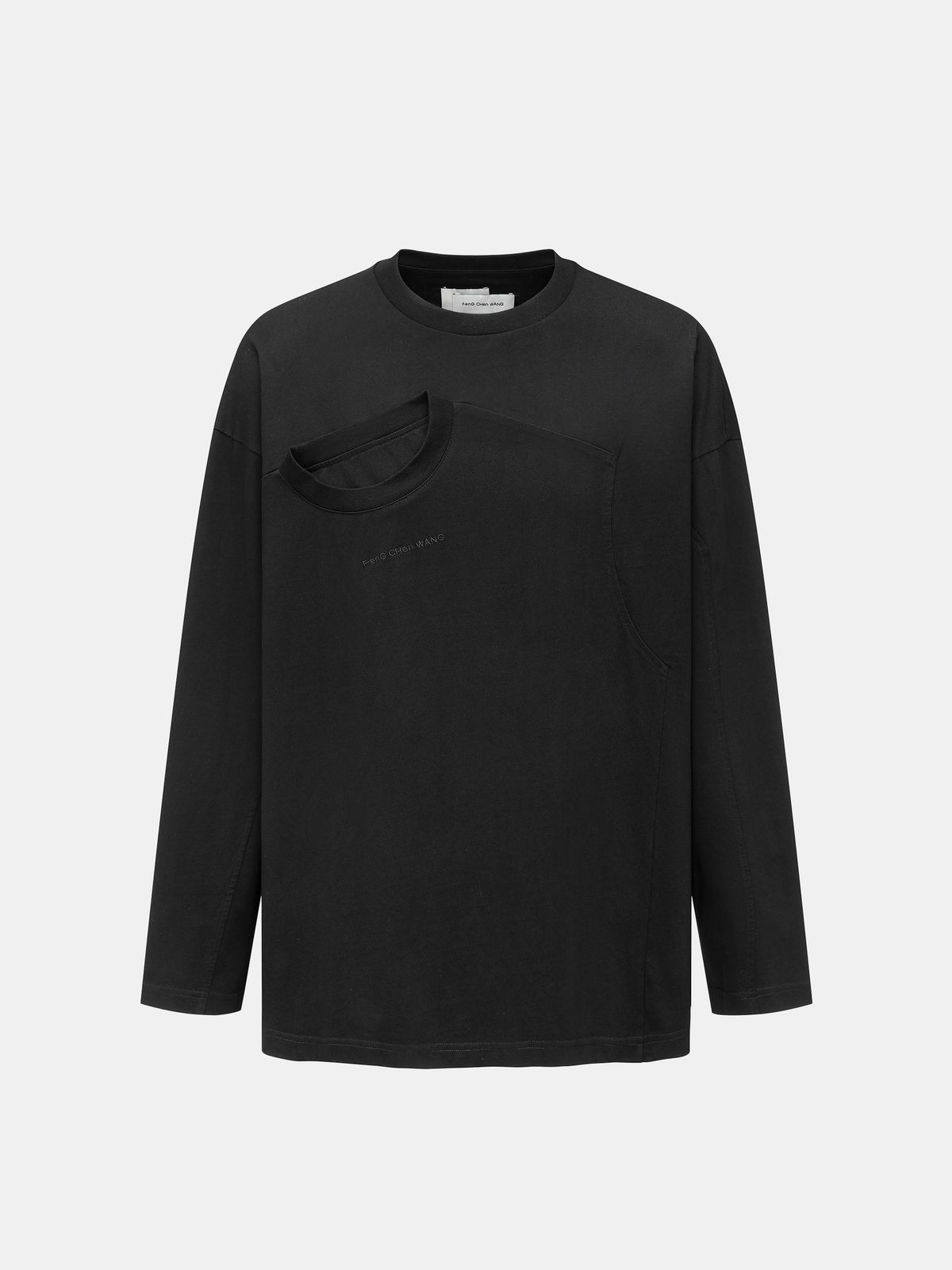 BLACK DECONSTRUCTED DOUBLE-COLLAR LAYERED LONG-SLEEVE TEE
