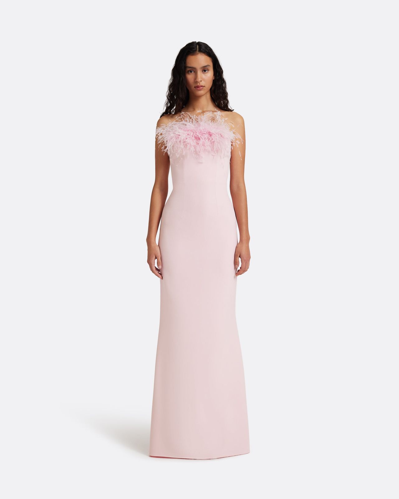 Soshin Long Dress in Lychee with Feathers