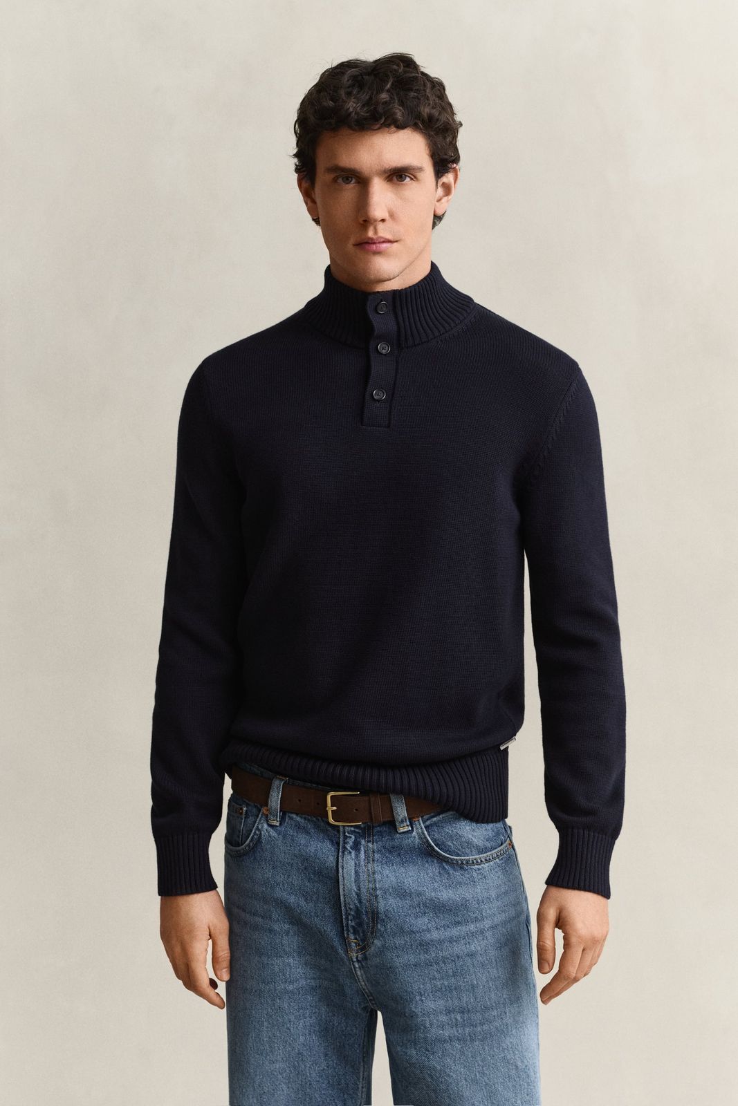 Supima Cotton Buttoned Neck Sweater - EVENING BLUE