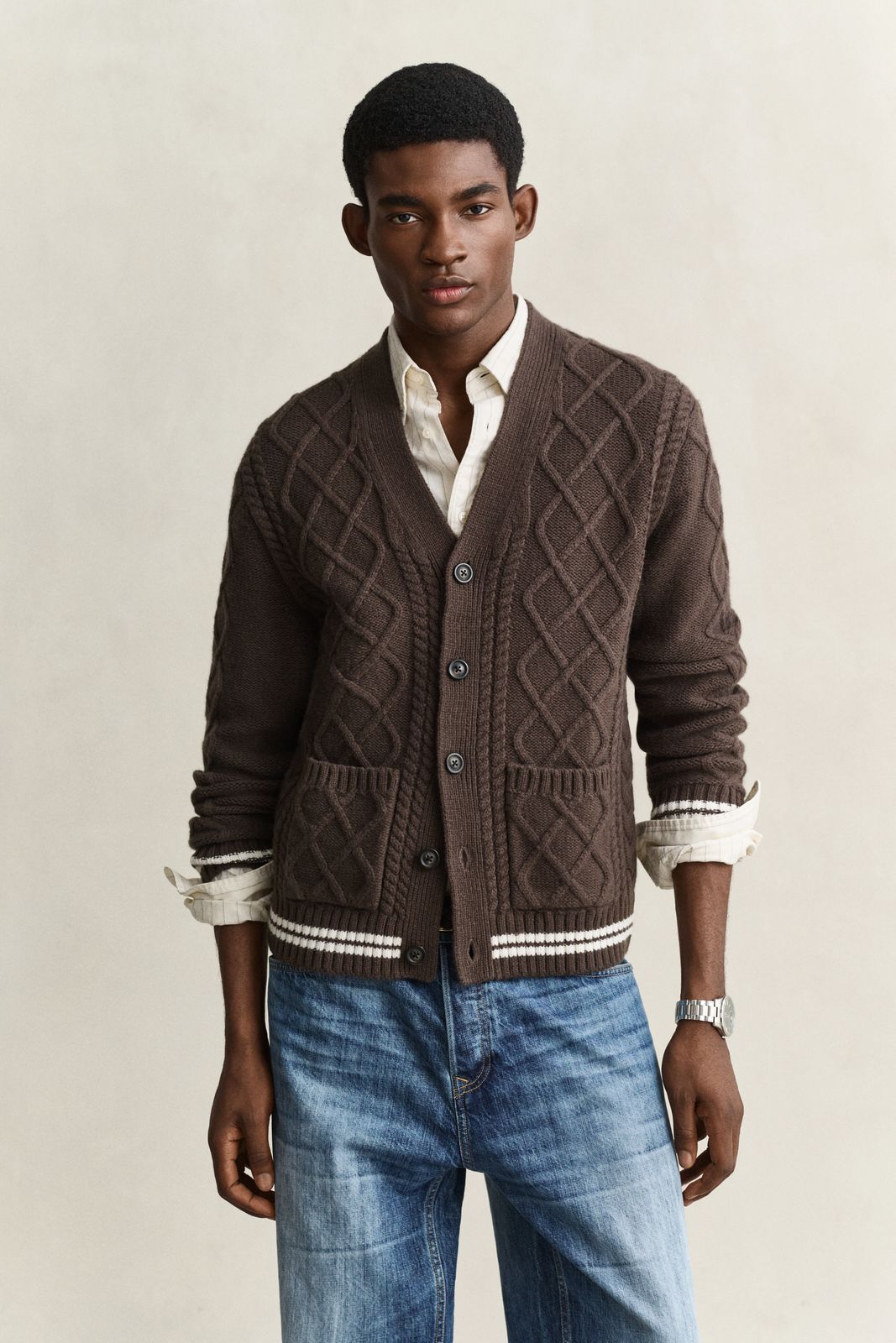 Wool Blend Cable Knit Cardigan - SHADOW BROWN