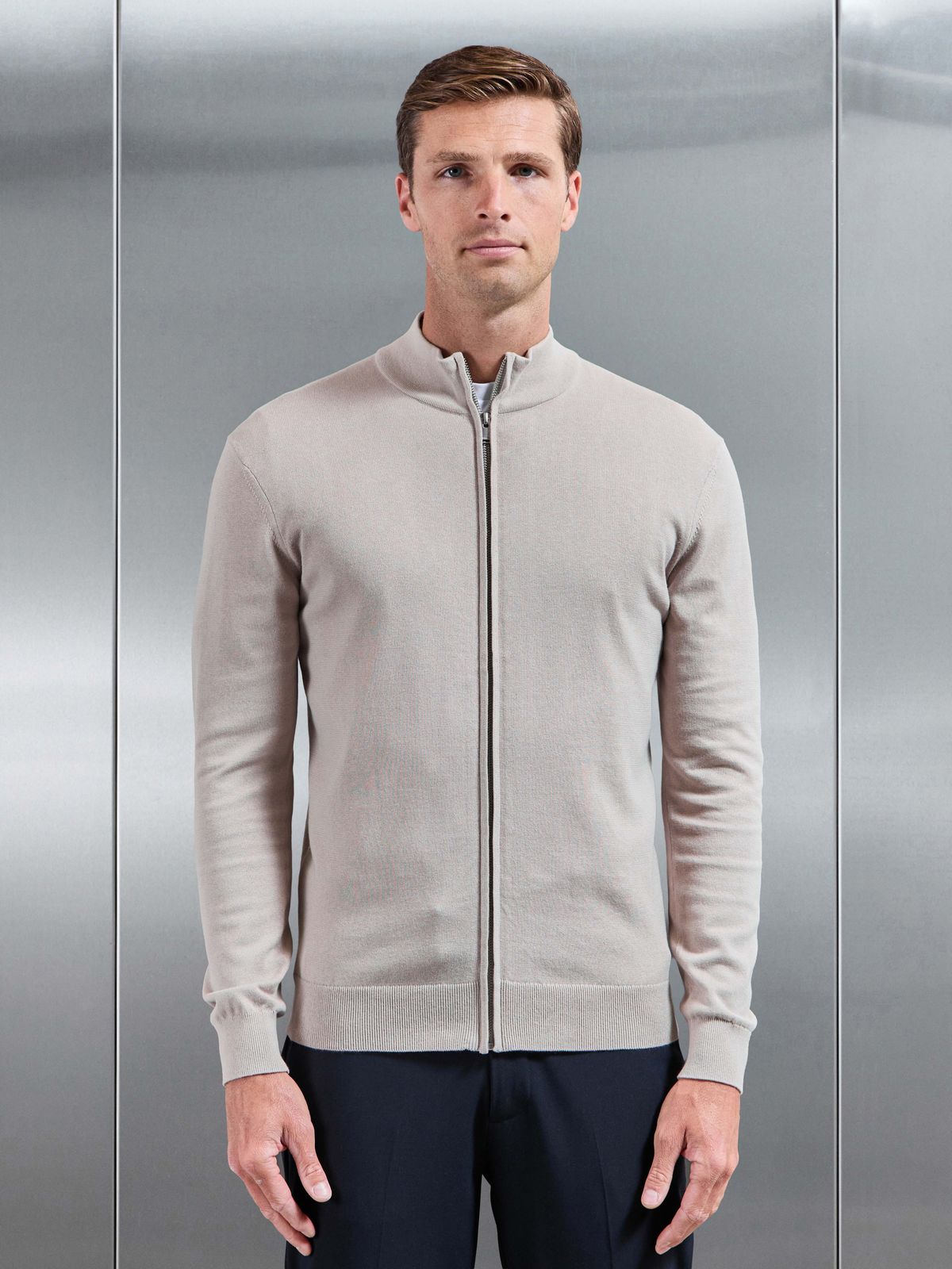 Cotton Knitted Zip Jacket in Stone