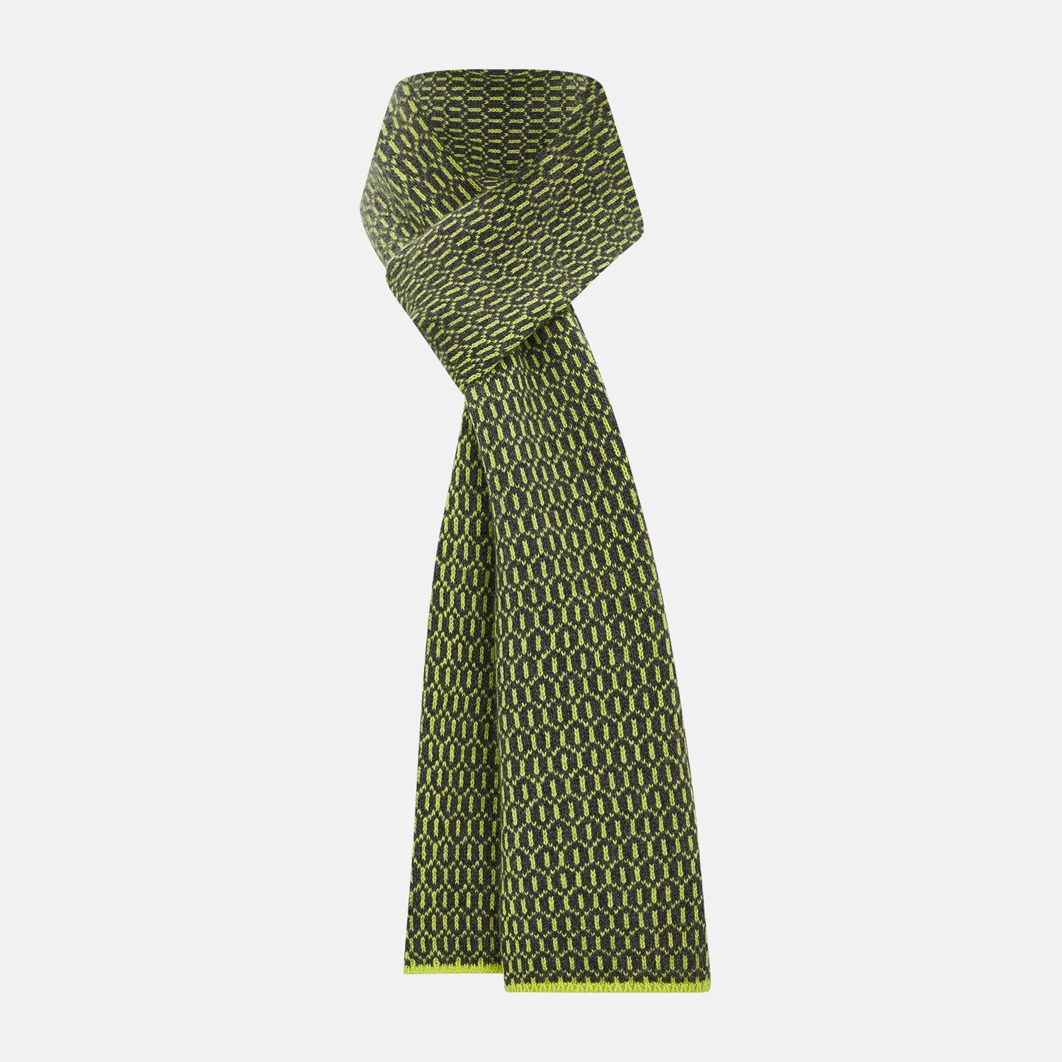 Graphite And Chartreuse Lemon Hexagon Cashmere Knitted Scarf