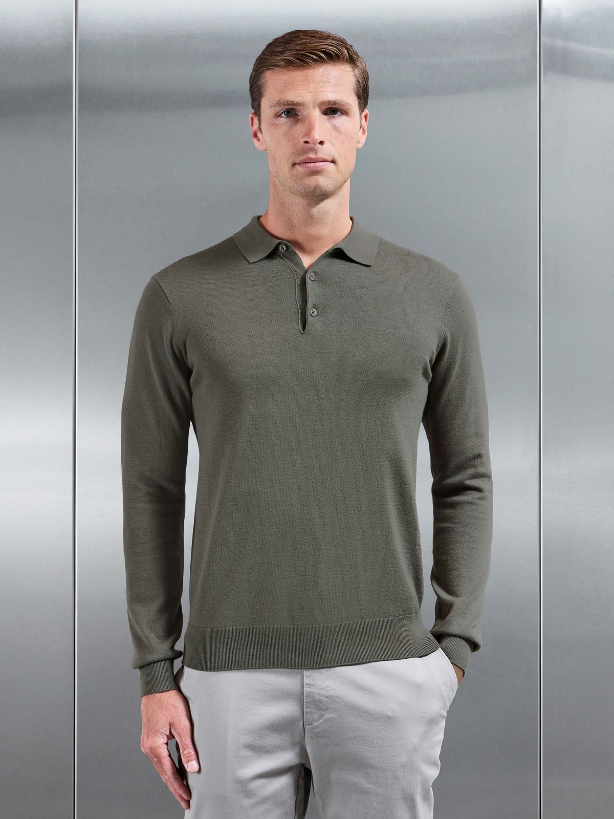 Cotton Knitted Long Sleeve Button Polo Shirt in Sage