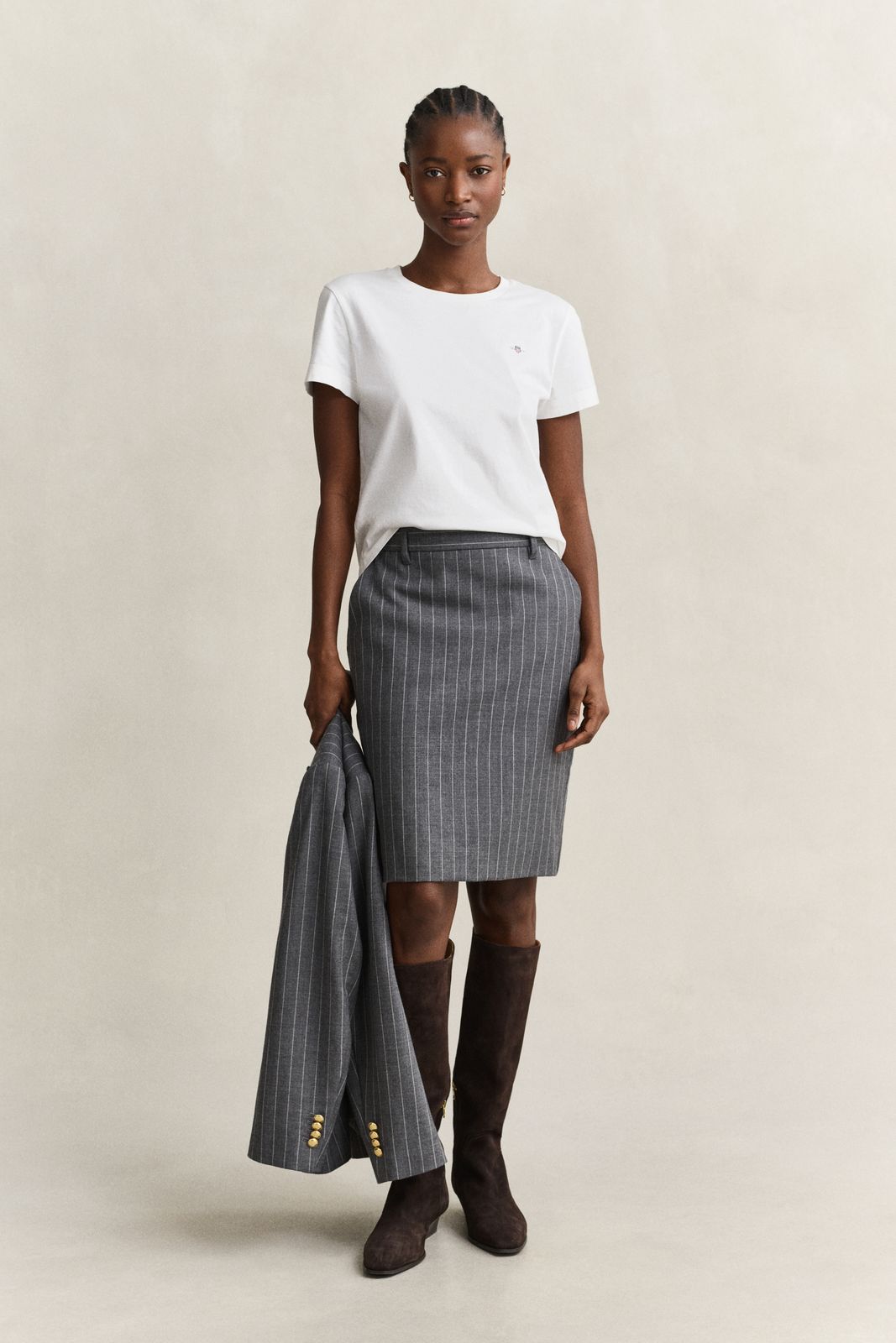 Pinstriped Wool Pencil Skirt - CHARCOAL MELANGE