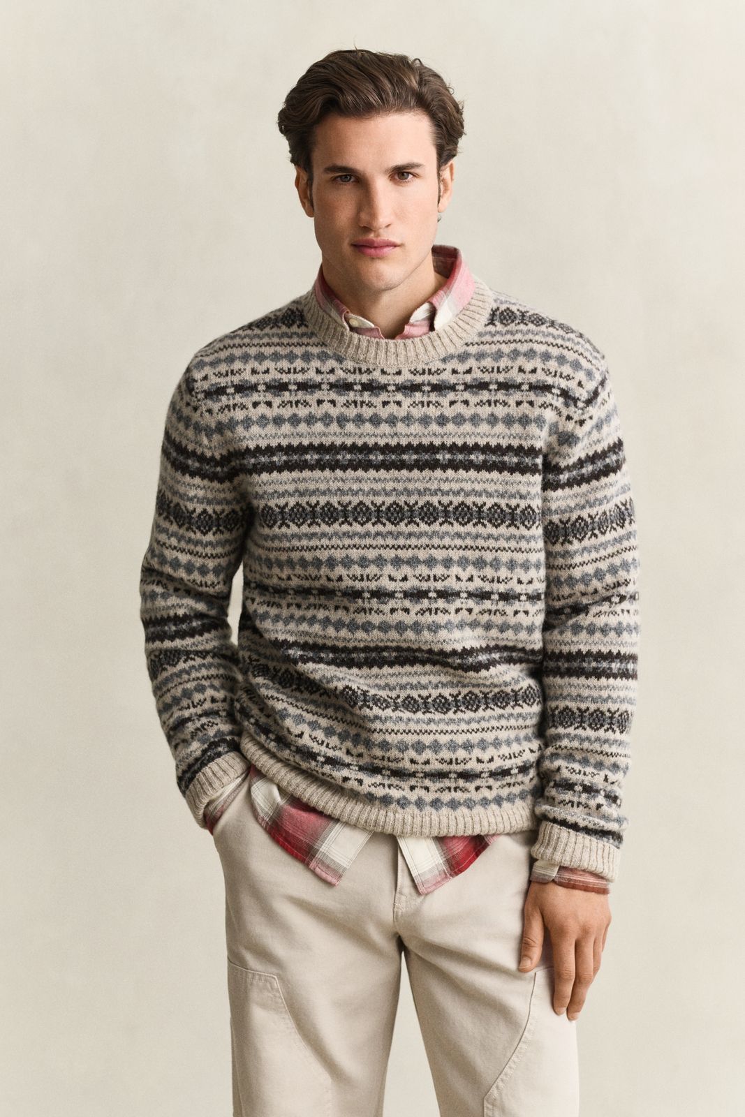 Brushed Wool Jacquard Sweater - LIGHT BEIGE MELANGE