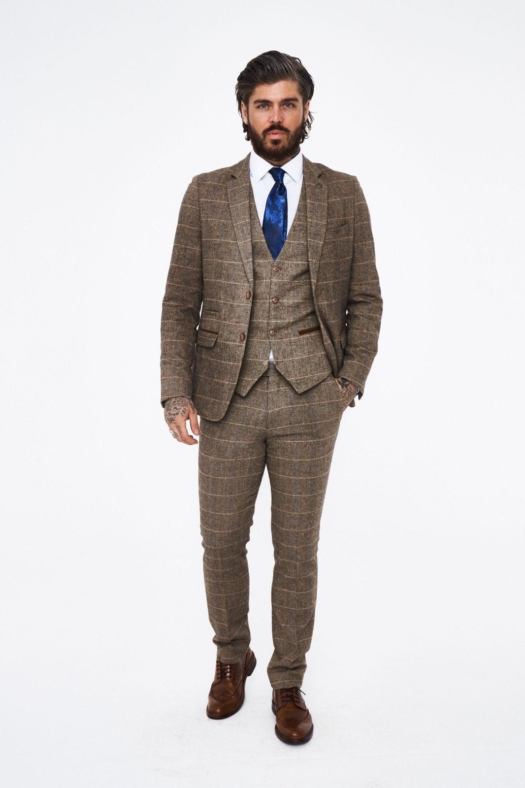 Marc Darcy Ted Tan Tweed Check Three Piece Suit