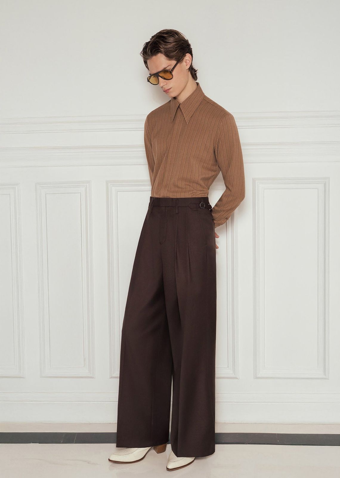 Brown High Waisted Side Buckle Flare Trousers