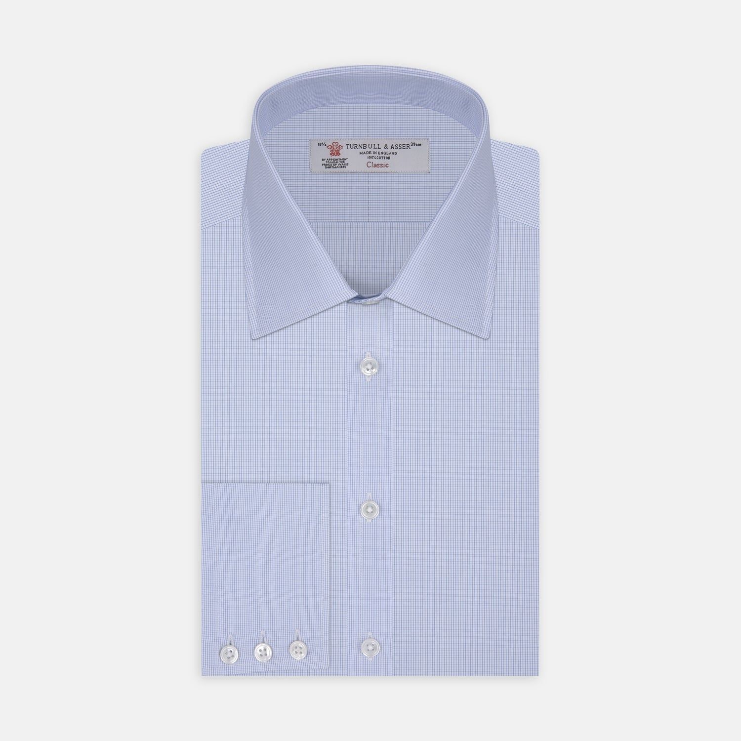Light Blue Fine Check Shirt With T&a Collar And 3-button Cuffs