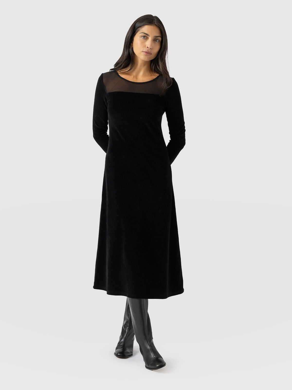 Storm Mesh Long Sleeve Dress - Black Velvet