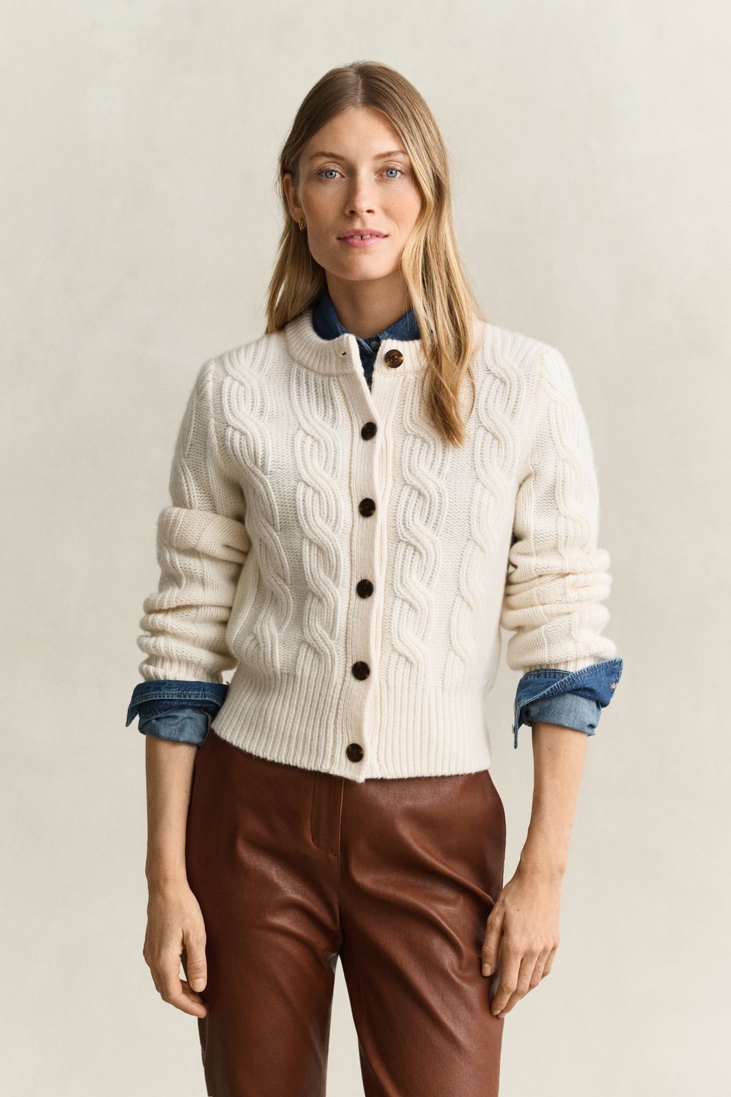 Wool Blend Cable Knit Cardigan - CREAM