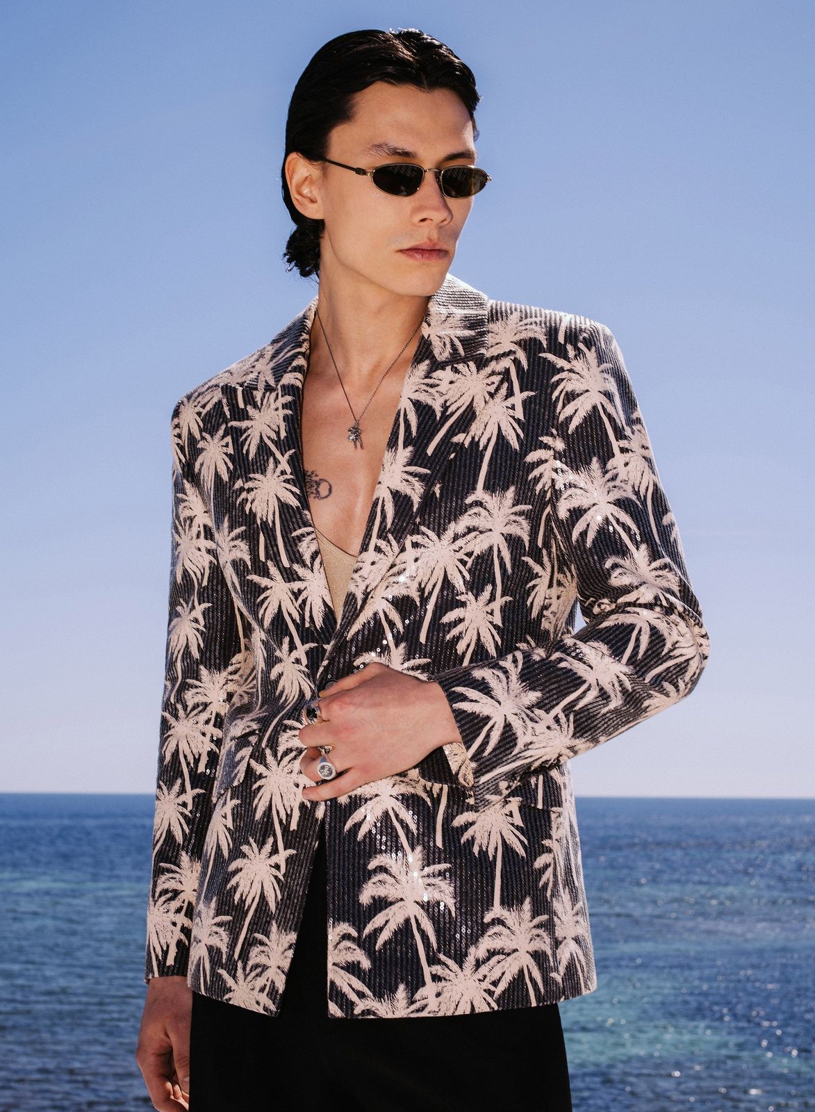 Black Linen Palm Sequin Blazer