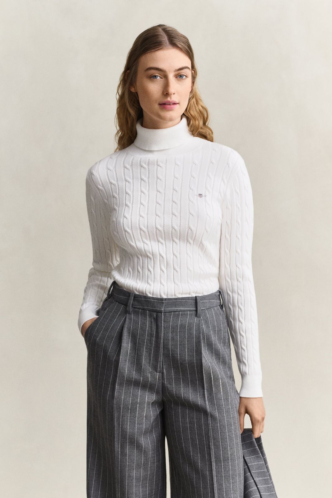 Stretch Cotton Cable Knit Turtleneck Sweater - FADED BEIGE
