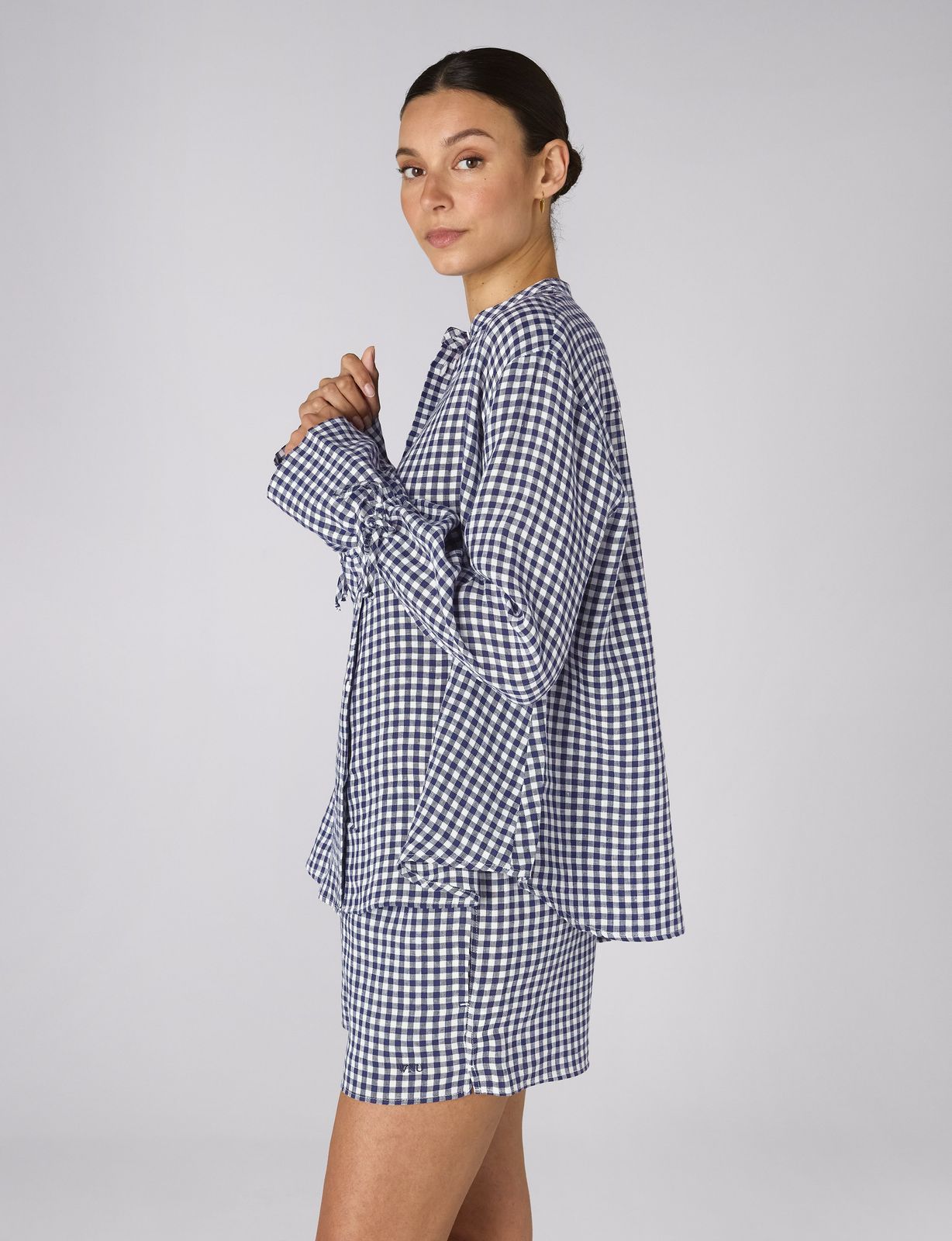 The Set: Linen Blouse & Court Short, Navy Gingham
