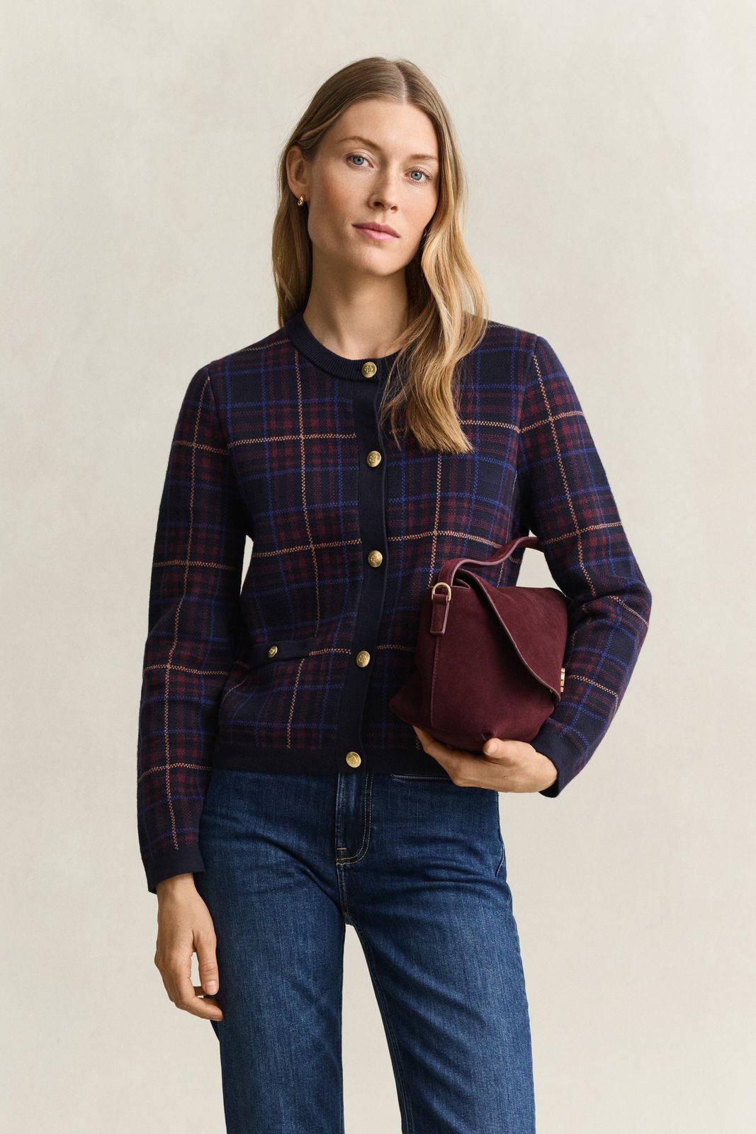 Knitted Check Cardigan - EVENING BLUE