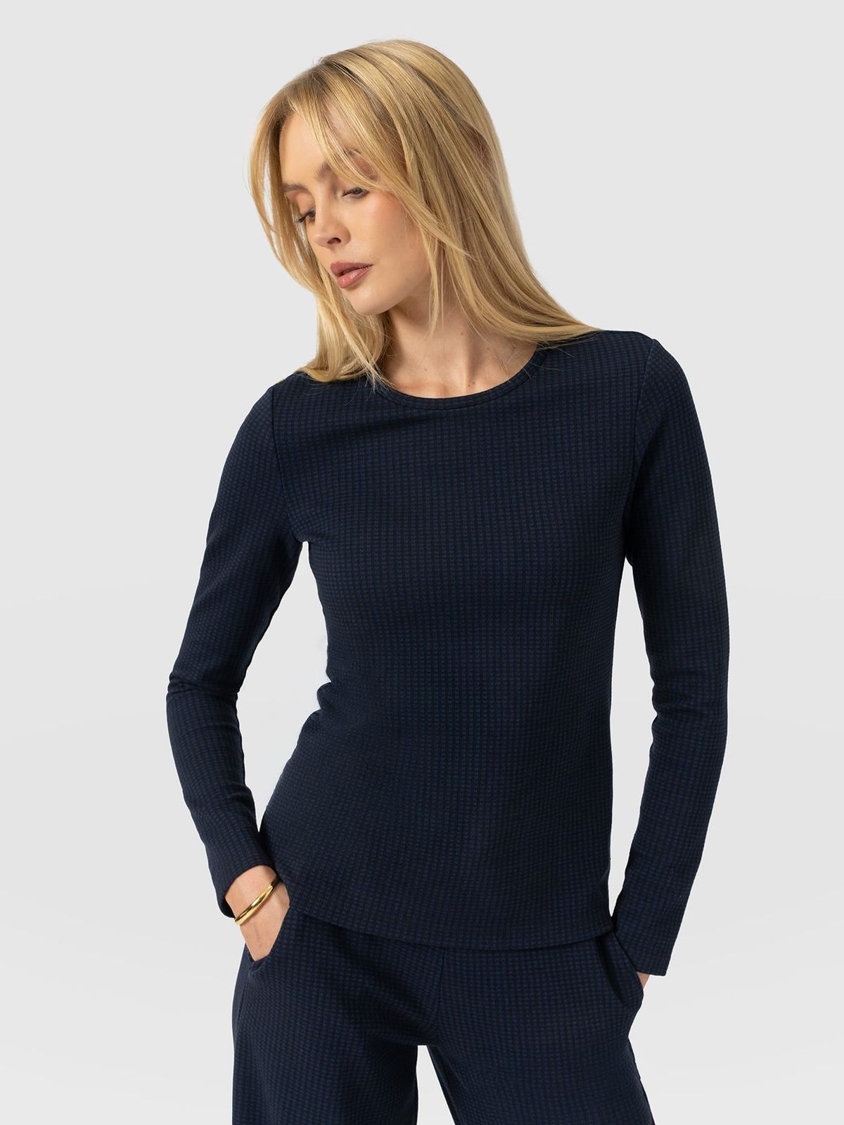 Keller Crew Neck Tee Long Sleeve - Navy Mini Houndstooth