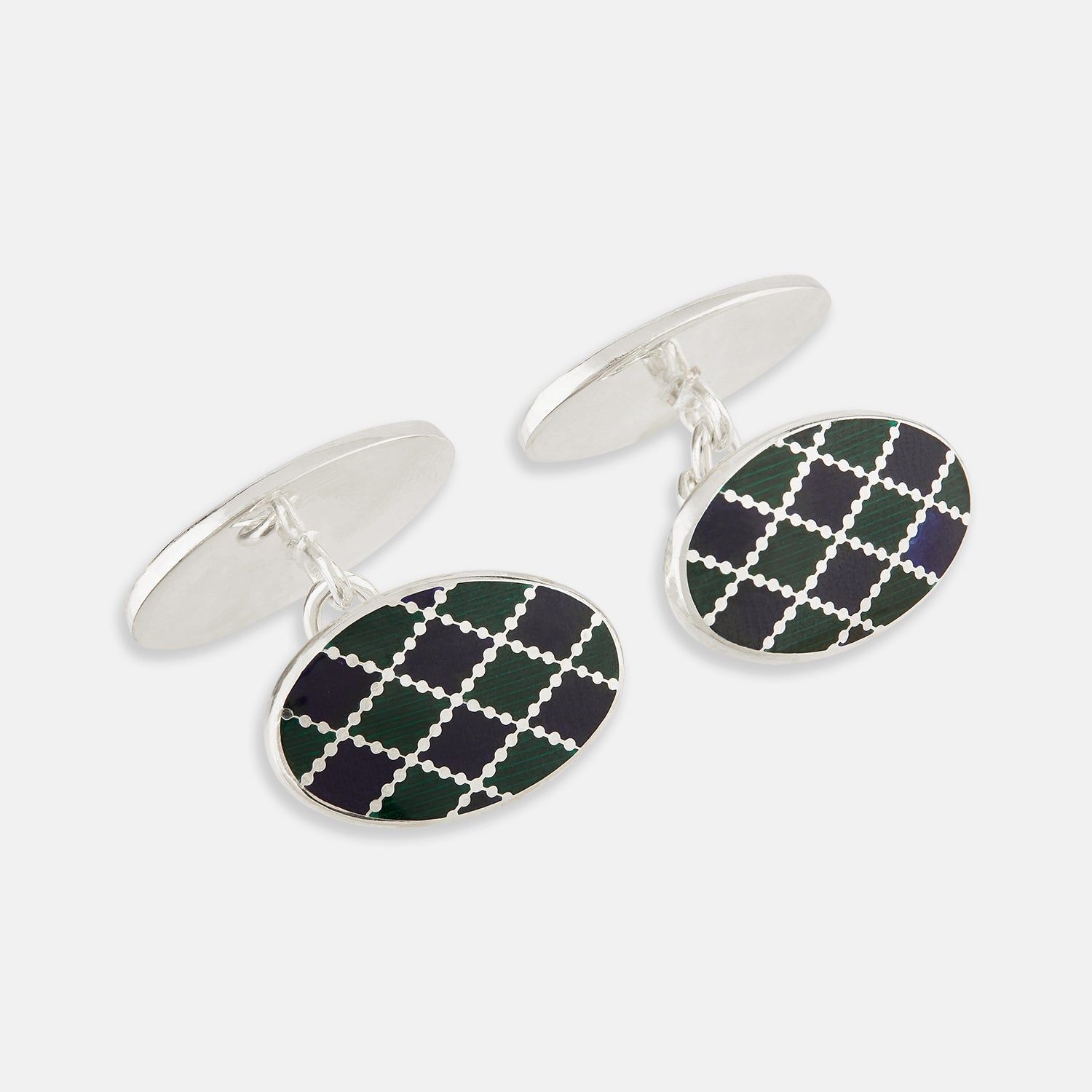 Forest Green And Navy Checkered Oval Enamel Chain Cufflinks