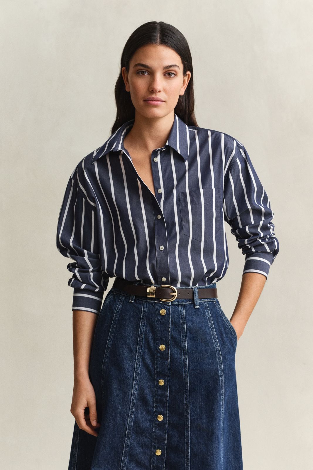 Relaxed Fit Striped Classic Poplin Shirt - EVENING BLUE