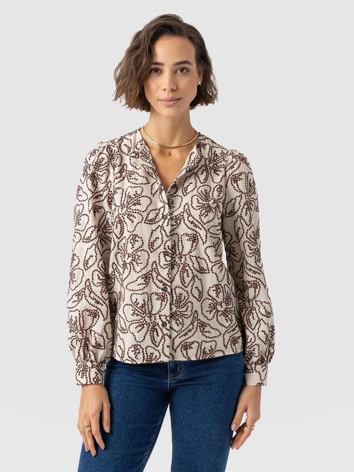 Tabitha Blouse - Cream/brown
