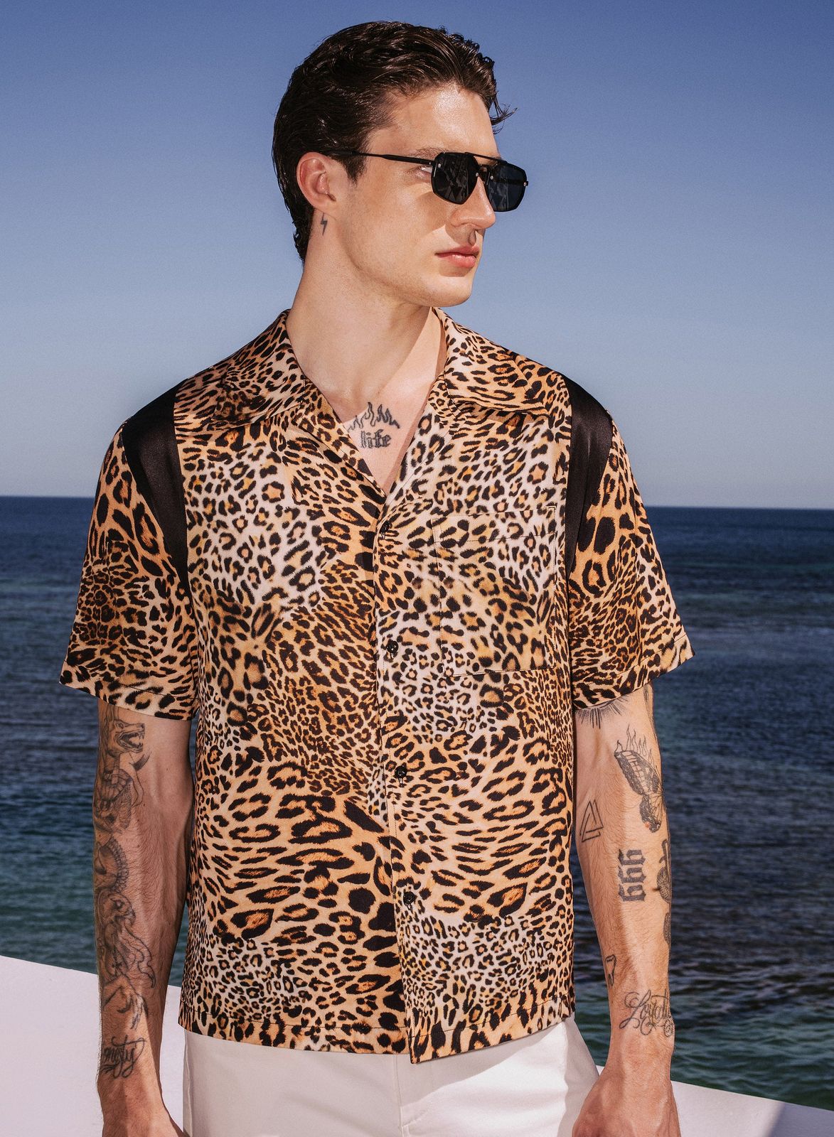 Leopard Print Black Panel Cuban Collar Viscose Shirt