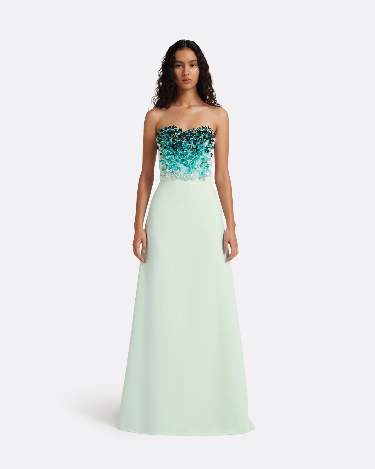 Siena Long Dress in Sea Glass with Blue Embroidery