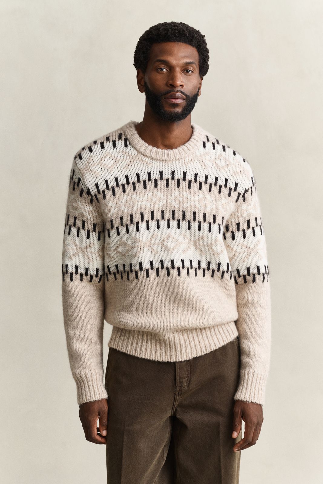 Alpaca Wool Blend Jacquard Sweater - LIGHT BEIGE MELANGE