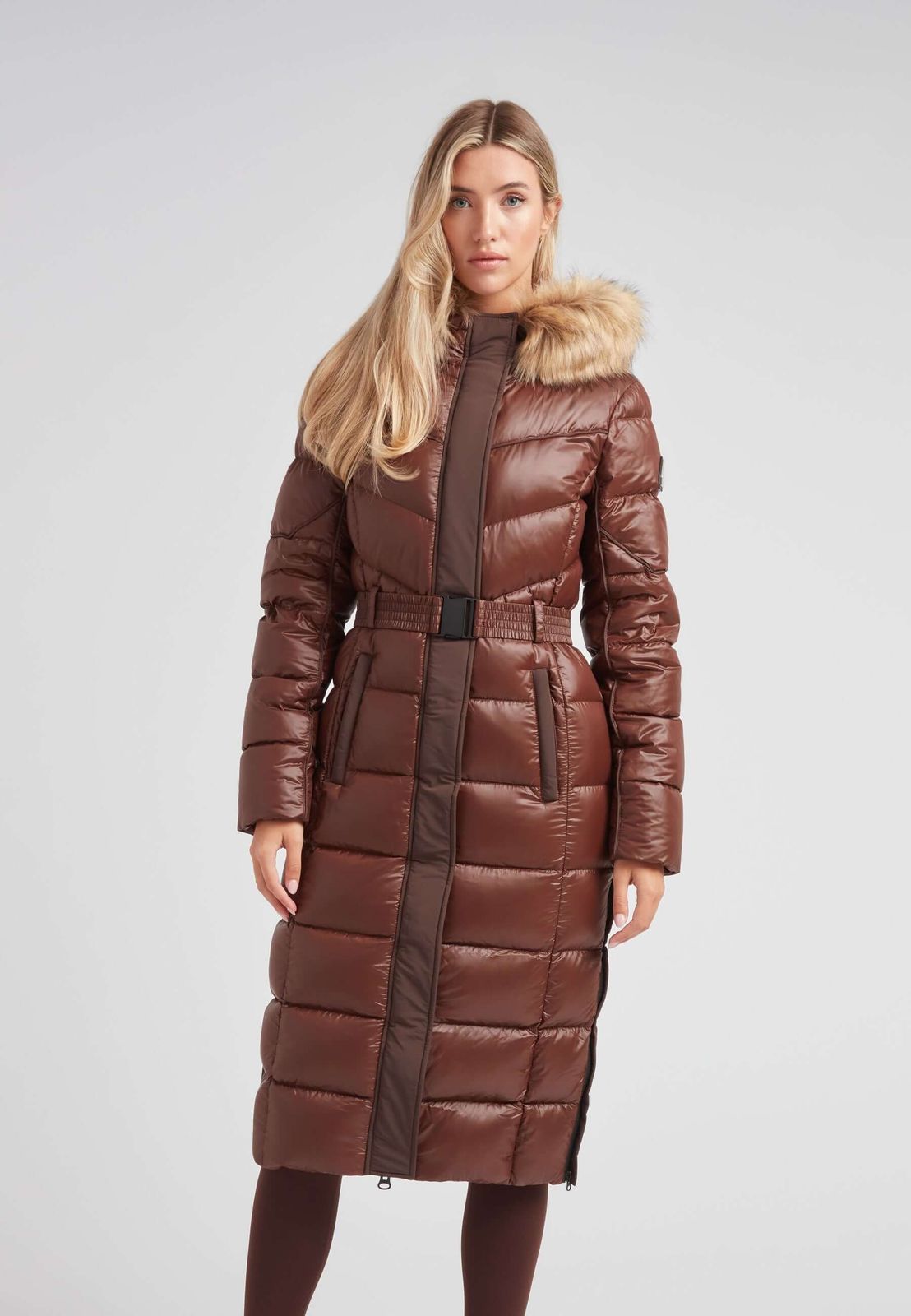 Diamond Belted Extra Long Down Coat Mid Brown Natural