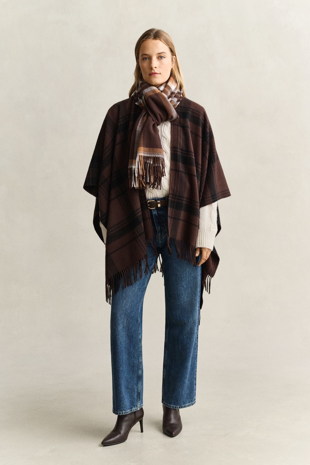 Checked Wool Poncho - DEEP BROWN