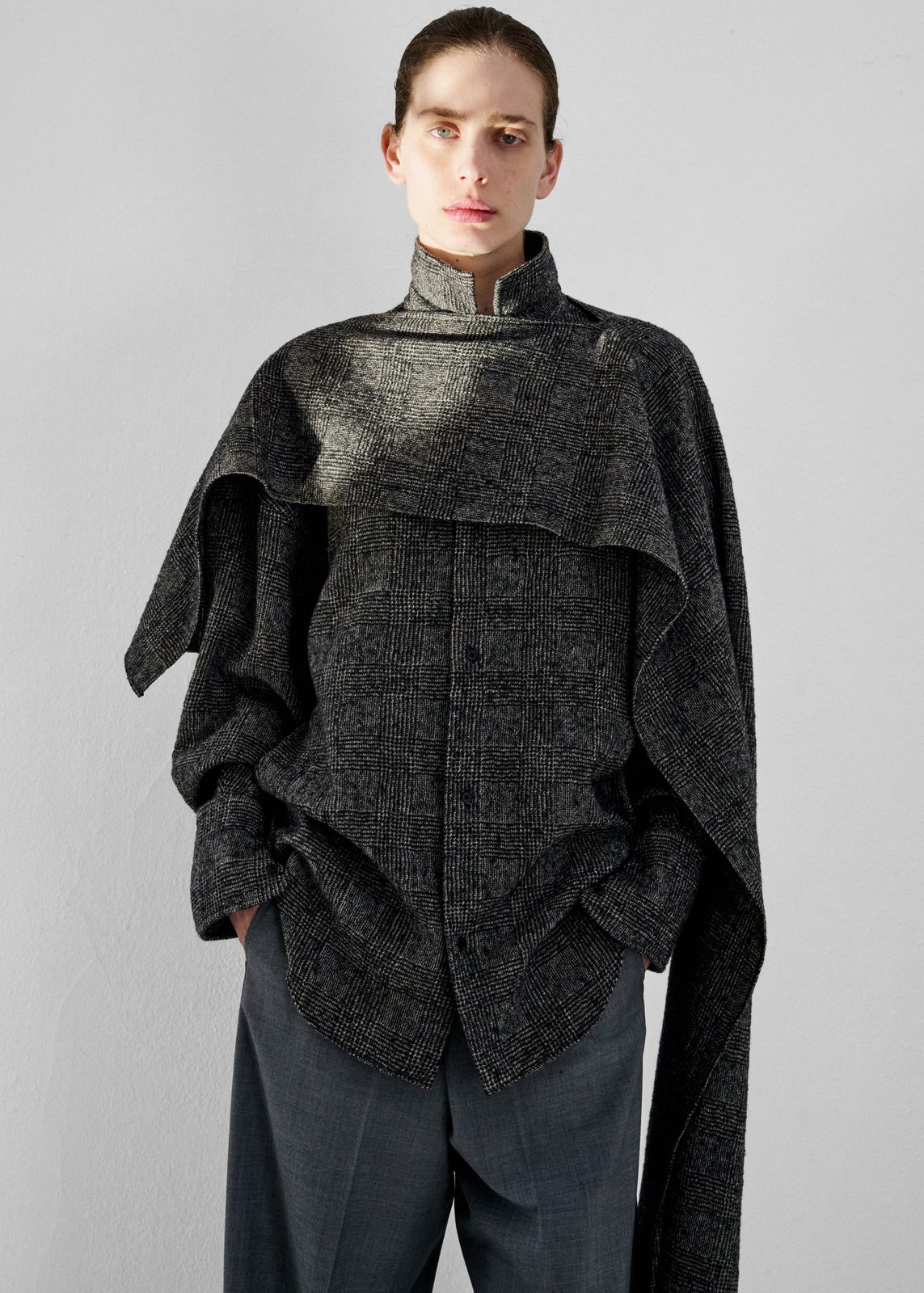 Darkpark Georgia Detachable Scarf Wool Shirt - Black/grey